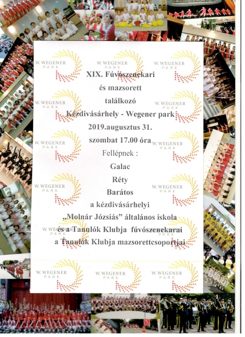 XIX. Fvszenekari s mazsorett tallkoz - Kzdivsrhely - XIX. Fvszenekari s mazsorett tallkozra kerl sor Kzdivsrhelyen a Wegener parkban 2019 augusztus 31-n, szombaton dlutn 17 rtl.

Fellpnek:
Galac
Rty
Bartos
A kzdivsrhelyi Molnr Jzsis ltalnos iskola s a Tanulok Klubja fvszenekarai, a Tanulok Klubja mazsorettcsoportjai.