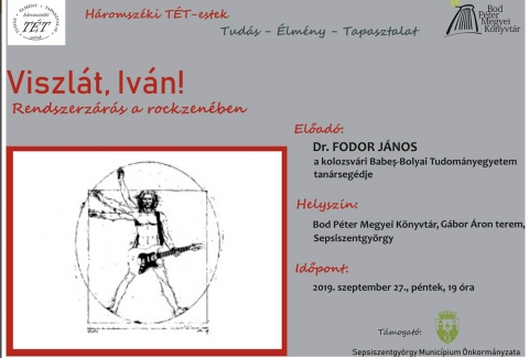  A Bod P�ter Megyei K�nyvt�r �j lend�lettel folytatja id�n ősztől H�romsz�ki T�T-esteket - A sepsiszentgy�rgyi Bod P�ter Megyei K�nyvt�r �j lend�lettel folytatja id�n ősztől H�romsz�ki T�T-estek (Tud�s-�lm�ny-Tapasztalat) c�mű előad�ssorozat�t, amelynek első felvon�s�ra p�nteken, 2019. szeptember 27-�n 19 �r�t�l ker�l sor a k�nyvt�r G�bor �ron term�ben. Dr. Fodor J�nos t�rt�n�sz, a kolozsv�ri Babeș-Bolyai Tudom�nyegyetem tan�rseg�de Viszl�t, Iv�n! Rendszerz�r�s a rockzen�ben c�mmel tart �rdekfesz�tő előad�st, n�gy �vvel ezelőtti, rokon t�m�j� prezent�ci�ja kiteljes�t�sek�nt.

Az előad�s t�m�j�r�l:
A hidegh�bor� k�zep�n, az 1950-es �vekben, a nagyhatalmak �s politikai ideol�gi�k egym�snak fesz�l�se k�zepette �j kultur�lis forradalom bontakozott ki, a rockzene. Előbb az Amerikai Egyes�lt �llamokat, majd Nagy-Britanni�t �s v�g�l Eur�p�n �t az eg�sz vil�got megh�d�totta a f�mzene, szakad�kot hozva l�tre sz�lők �s tin�dzserek k�z�tt. Az �j gener�ci�k l�zad�s�nak kifejezőeszk�zek�nt hatott, elsősorban a zenei, ruh�zati �s hajviseleti t�nyezőkben mutatkozott meg. Az �j ir�nyzat �s zenei hull�m nem ker�lte el Magyarorsz�got �s Rom�ni�t sem, a kommunizmus alatt is teret h�d�tott.

Az előad�r�l:
Fodor J�nos (1989): t�rt�n�sz, egyetemi oktat�. Egyetemi tanulm�nyait 2011-ben v�gezte a kolozsv�ri Babeş-Bolyai Tudom�nyegyetem T�rt�nelem �s Filoz�fia Kar�n, Nemzetk�zi Kapcsolatok �s Eur�pai Tanulm�nyok szakon, 2013-ban mesteri fokozatot szerzett ugyanott. Ugyancsak 2013-ban v�gzett t�rt�nelem szakon is. 2013 �s 2016 k�z�tt a BBTE doktori programj�nak r�sztvevője; t�mavezetője Romsics Ign�c akad�mikus. 2013-ban kutat�i tev�kenys�g��rt Pro Scientia Arany�remmel t�ntett�k ki. Doktori disszert�ci�j�t 2016-ban v�dte meg Bern�dy Gy�rgy. Politikai �letrajz c�mmel, kitűnő minős�t�ssel. Az Erd�lyi Kr�nika internetes port�l felelős szerkesztője. Szakter�lete a 20. sz�zadi t�rt�nelem �s a nemzetk�zi kapcsolatok, kutat�si ter�lete Rom�nia �s a rom�niai magyars�g t�rt�nete a k�t vil�gh�bor� k�z�tt, a rom�niai magyar kisebbs�g t�rt�nete, politikai biogr�fia, erd�lyi politikai �s kultur�lis elit a 20. sz�zadban. M�rvad� szakk�nyvek t�rsszerzője, fontos hazai �s magyarorsz�gi szakmai foly�iratok munkat�rsa.

A H�romsz�ki T�T-estek keret�ben id�n n�gy, rendhagy� t�m�j� előad�ssal v�rjuk az �rdeklődőket. Az előad�sok t�mogat�ja Sepsiszentgy�rgy Munic�pium �nkorm�nyzata.
 