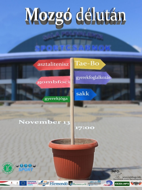 Mozg� D�lut�n - November 13 - A Z�ld Nap Egyes�let partners�gben az �nkorm�nyzat Sportirod�j�val november 13-�n, szerda d�lut�n 17-19. �ra k�z�tt a 2019-es �v �t�dik Mozg� D�lut�nj�t szervezi meg a c�hes v�rosi Sportcsarnok előter�ben. A rendezv�ny c�lja felh�vni a figyelmet az eg�szs�ges �letm�dra �s az eg�szs�gmegőrz�sre egyar�nt, amelyet a mozg�s n�pszerűs�t�s�n t�l sz�mos k�s�rő programmal igyekeznek előseg�teni.

Az �rdeklődőknek lehetős�g�k lesz asztaliteniszezni, szaladni, gombfocizni a Pusk�s Ferenc Gombfoci Klubbal, sakkozni a Pro Pectus Egyes�lettel, gyerek-j�g�zni Hodor Enikővel, Tank� S�ndor edzővel pedig betekint�st nyerhetnek a Tae-Bo mozg�sba is.  A Tae-bo 1970-es �vekben Amerik�b�l indult h�d�t� vil�g�tj�ra �s az�ta is t�retlen h�rn�vnek �rvend vil�gszerte. A Z�ld Nap Egyes�letnek k�sz�nhetően gyerekfoglalkoz�s lesz �s megismerhetnek a jelenl�vők k�l�nb�ző faj�t�kokat is. A programok z�r� momentumak�nt k�l�nb�ző kateg�ri�kban egy labdapattogtat� bajnoks�got, n�piesebben p�c�gtető ker�l megszervez�sre. Ha m�g nincs programod szerd�ra, ne gondolkozz tov�bb! Itt a helyed! A bel�p�s d�jtalan.

T�mogat�: Bethlen G�bor Alapkezelő Zrt. �s az Eur�pai Szolidarit�si Test�let

M�diat�mogat�k: Profi R�di�, Kezdi.info, Sz�k-helyek.ro, Sz�kely H�rmond�, Siculus R�di�, Polyp Tv, H�romsz�k

Szerző: R�duly Attila

Plak�tterv: Celine Berthier