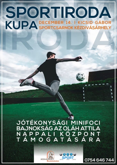 Sportiroda Kupa Kicsid Gábor Sportcsarnokban - 2019. december 14-én a Kicsid Gábor Sportcsarnokban kerül megszervezésre a Sportiroda Kupa.
A csoport: FC Ground, Király Fiúk, No Talent, Komoly Csorrók
B csoport: Comvitist, Móka Bonito, Dálnok, Nemere
18 éven aluliaknak orvosi igazolás szükséges a részvételhez!
8-10 óra között játszik az A csoport, 12-14 óra között játszik a B csoport.
A csoporton belül játszani fog mindenki mindenkivel.
Játékidő : 2x10 perc. Minden csoportból a 2 első csapat jut tovább.
Hogyan segíthetünk az Oláh Attila Nappali Központ létrehozásában?
Adakozással, részvétellel és a plakát megosztásával itt:
https://www.facebook.com/kezdisport/photos/a.170806069602626/3203505496332653/?type=3&theater