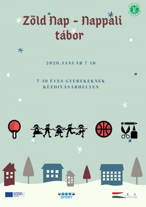 Z�ld Nap-pali t�bor - t�li kiad�s - 2020. janu�r 7 - 10 k�z�tt a Z�ld Nap Egyes�let egy �jabb bej�r�s t�bort szervez K�zdiv�s�rhelyen. A t�bor az �lj eg�szs�gesen, a term�szettel �sszhangban! c�met kapta, olyan 7-10 �v k�z�tti fiatalok jelentkez�s�t v�rj�k, akik k�zel �rzik magukhoz a term�szetet �s a sportot ugyanakkor hajland�ak �j kih�v�sokban r�szes�lni, �j dolgokat elsaj�t�tva fők�nt a kreat�v �jrahasznos�t�s �s az eg�szs�ges �letm�d ter�n. 

A v�ltozatos �s j�t�kos programok mellett elsődleges c�lunk a k�rnyezettudatoss�gra nevel�s, a term�szetv�delem fontoss�g�ra val� felh�v�s, illetve a j�t�kos tanul�s előt�rbe helyez�se. A t�bor nemcsak szitu�ci�s gyakorlatokb�l �ll, hanem �nismereti j�t�kokat is tartalmaz. Ugyanakkor c�lunk megl�ttatni a gyerekekkel, hogy az �lől�nyek szoros �sszef�gg�sben, k�lcs�nhat�sok rendszer�ben �lnek egym�ssal.

Jelentkez�si hat�ridő: janu�r 4.

Hissz�k azt, hogy azok a fiatalok, akik r�szt vesznek a nappali t�borban, tudatosabb k�rnyezetv�dőkk� v�llnak, tisztelni fogj�k a k�r�l�tt�k �lő n�v�ny- �s �llatvil�got megismerik a kapcsolatot a term�szet elemei k�z�tt, �gy fokozott �rdeklőd�ssel �s tisztelettel fognak j�rni benne. Minden jelentkezni k�v�n� fiatalnak v�llalnia kell a 40 lejes hozz�j�rul�si k�lts�get, ha eb�delni is szeretne akkor plusz 15 lej/fő.  Ez egy �bej�r�s� t�bor, a foglalkoz�sok reggel 9-12 ig �s d�lut�n 2 - 4 �r�ig tartanak.

A r�sztvevők sok �rdekes programban �s meglepet�sekben fognak r�szes�lni. Jelentkezni, �rdeklődni R�duly Attil�n�l a 0766.611066 -es telefonsz�mon, vagy az office@zoldnap.info e-mail c�men lehet. A helyek sz�ma korl�tozott (max. 18 szem�ly).

Partner: K�zdiv�s�rhelyi Sportiroda �s az Eur�pai Szolidarit�si Test�let. 

Plak�tterv: Mariam Sargsyan