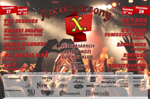 Rockkar�csony 2019 - A Rockkar�csony 2019 műsora

2019. december 27. - p�ntek, 19:00
Subrune � Paks
Emberi dolgok � Osszian Tribute Band
Black Diamond � Sz�szr�gen
P�l-Bal�zs Jenő
LSD

2019. december 28. - szombat, 19:00
Exit
BN Organ Progressiv Funk � Budapest
Background � Kov�szna
Kontrax
Transylvanium � Udvarhely
A műsorv�ltoztat�s jog�t fenntartjuk!

http://rockkaracsony.ro/uncategorized/a-rockkaracsony-2019-musora/

https://www.facebook.com/events/955242591541547/