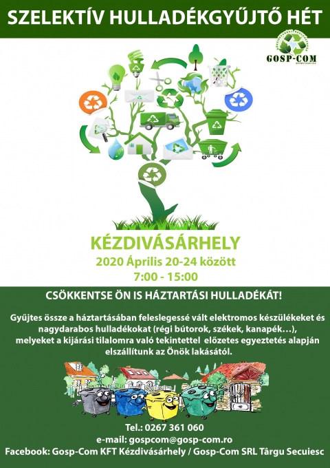 Szelektiv hulladékgyüjtő hét - A Gosp-Com K.F.T szelektiv hulldékgyüjtést szervez Kézdivásárhelyen és a hozzá tartozó falvakban 2020 április 20 és 24 között.
Készitse elő a kiszelektált hulladékot , igényelje ingyenes szolgáltatásunkat telefonon vagy e-mail ben és mi elszállitjuk.
Telefon: 0267 361 060
E-mail: gospcom@gosp-com.ro