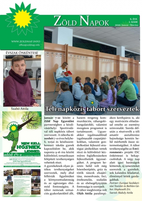 Megjelent a Zöld Napok újság harminchatodik száma! - Kedves Zöld Nap rajongók, érdeklődők! A Zöld Napok kiadvány 2020-as év első számával köszönti a kedves érdeklődőket a kézdivásárhelyi Zöld Nap Egyesület, melynek első lapján az évszak önkéntesét Szabó Attilát köszönthetjük. Továbbá az egyesület sokrétű tevékenységeiről olvashatunk, így a Téli napközis, valamint Töltődjünk fel - csapatépítő táborról, az Adni jó - Újévi Meleg Étel akcióról, az Egerben sorra került Transznacionális Együttműködések záró konferenciájáról, a céhes városi Örmény Nemzeti Estről, majd Harai Adrienn, az önkéntességről megosztott pozitív gondolatat ismerhetjük meg.
Nem maradhatnak el a sport tevékenységekről szóló hírközlések sem, így a Téli amatőr asztalitenisz bajnokság és a Mozgó délutáni eseményekről is tájékozódhatunk. Ugyanakkor megtudhatjuk, hogy Mariam Sargsyan örményországi, Asiye Demirci törökországi és Roberto Canfora olaszországi ESC önkéntesek valamint Ráduly Attila a szervezet elnöke, látogatást tett a Nagy Mózes Elméleti Líceumban, ahol az önkéntesség sokszínűségéről, lehetőségeiről beszéltek a gyerekeknek. Ezt követően pedig a Tekerj egy jó célért megmozdulás végeredményéről, a kézdivásárhelyi Okospad megvalósításáról, majd a Rák Ellen a Jövőért Egyesületben - a szelektív hulladékgyűjtés problémáiról és újrahasznosításról - tett előadásról olvashatunk. Köszönjük szépen Biró Leventének a szerkesztői, valamint minden kedves közreműködőnek az áldozatos munkát, amivel részt vállaltak az újság létrejöttében.
Kérjük, támogassa Ön is adója 3,5%-ával a Zöld Nap Egyesületet, hogy továbbra is dolgozhassanak azért, hogy Mindannyian tisztább és egészségesebb környezetben élhessünk! A Zöld Nap Egyesület negyedévenként megjelenő kiadványát keresse az egyesület székhelyén/honlapján!
Szerző: Kis Emese