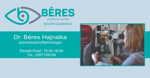 Dr. B�res Hajnalka szem�sz főorvos szakrendel�se minden p�nteken - Dr B�res Hajnalka szem�sz főorvos, az orvostudom�nyok doktora minden p�ntek d�lut�n v�rja az �rdekelteket. Szem�vegfel�r�s, szemnyom�sm�r�s, l�t�t�rvizsg�lat, r�sl�mp�s vizsg�lat, s�rg�ss�gi ell�t�s minden egy helyen! Forduljon bizalommal hozz�nk a l�t�s felbecs�lhetetlen!

Dr. B�res Hajnalka szem�sz főorvos szakrendel�se
P�ntek: 15:00 - 18:00
Telefon: 0367708199