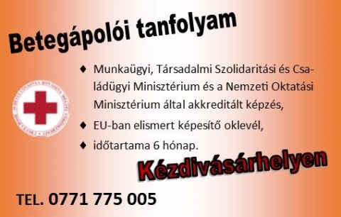 Beteg�pol�i tanfolyam K�zdiv�s�rhelyen - Munka�gyi, T�rsadalmi Szolidarit�si, Csal�d�gyi Miniszt�rium �s a Nemzeti Oktat�si Miniszt�rium �ltal akkredit�lt k�pz�sen vehetnek r�szt K�zdiv�s�rhelyen
A a 6 h�napos kurzus elv�gz�se ut�n, az EU-ban elismert k�pes�tő oklevelet kapnak a r�sztvevők.

�rdeklődni a 0771 775 005 �s telefonsz�mon lehet, iratkoz�si hat�ridő m�rcius 12.