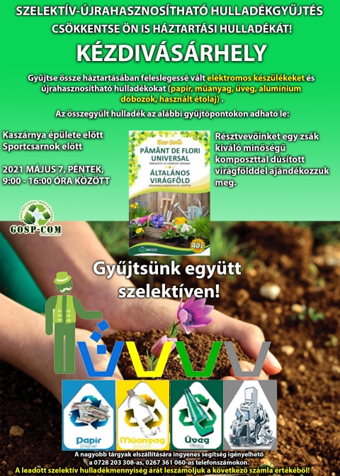 Szelektív Hulladékgyűjtő Nap Kézdivásárhelyen - A Gosp-Com Kft. 2021 május 7-dikén szelektív hulladékgyűjtő napot szervez Kézdivásárhelyen pénteken 09:00 - 16:00 óra között a Kaszárnya és a Sportcsarnok előtt.
- papír
- műanyag
- üveg
- háztartási elektrónika
A szelektív hulladékgyűjtő nap alkalmából minden ügyfelünket aki újrahasznosítható hulladékot ad le megajándékozzuk egy zsák kiváló minőségű, komposztal dúsított virágfölddel. 🌺🌹🌷