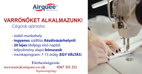 Varrónőket alkalmazunk  - ❗️ VARRÓNŐKET ALKALMAZUNK ❗️
Cégünk ajánlata:
- stabil munkahely
- ingyenes szállítás, akár Kézdivásárhelyről is
- 20 lejes ételjegyek már első naptól
- teljesítmény alapú bónuszok
- betanítást biztosítunk
- munkaprogram 7-15 óráig, egy váltás!
Érdeklődni a következő telefonszámon: 0267 351 213 📞 
Önéletrajzokat a recrutare@airquee.co.uk címre várjuk!📧