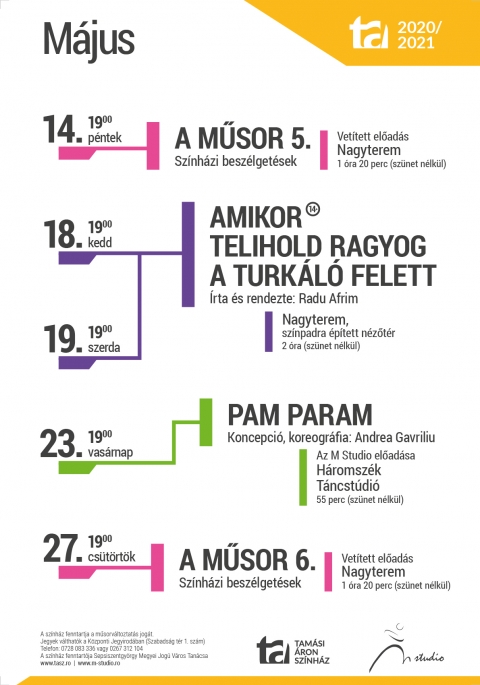 �jra nyit a Tam�si �ron Sz�nh�z - �jra nyit a Tam�si �ron Sz�nh�z
 
A sepsiszentgy�rgyi j�rv�nyhelyzet szerencs�s alakul�sa folyt�n a Tam�si �ron Sz�nh�z t�rsulata is �jra j�tszhat a k�z�ns�g előtt. P�nteken este a Plugor S�ndor Műv�szeti L�ceum k�rusainak �s zenekarainak hangverseny�n �lhettek hossz� idő ut�n elősz�r n�zők a nagyteremben, ezut�n pedig az Amikor telihold ragyog a turk�l� felett �s a Pam param c�mű előad�sokra, valamint a Műsor c�mű sz�nh�zi besz�lget�ssorozat �jabb epiz�djainak vet�t�seire is v�rja a k�z�ns�get a sz�nh�z. 
 
Miut�n vas�rnap �s h�tfő este a k�zdiv�s�rhelyi Udvart�r Te�trum sz�npad�n mutatta be t�rsulatunk az Aritmia.doc c�mű, kort�rs erd�lyi k�ltők versei alapj�n k�sz�lt előad�st, m�jus 14-�n, p�nteken este 7 �r�t�l a Műsor �t�dik r�sz�t vet�tj�k az �rdeklődőknek a nagyteremben. Ebben a r�szben Fekete M�ria, Kov�cs Kati �s Kolcs�r J�zsef sz�nműv�szekkel ismerkedhetnek meg k�zelebbről a n�zők, műsorvezető pedig P�l Ferenczi Gy�ngyi. A hatodik Műsort m�jus 27-�n, cs�t�rt�k�n ugyancsak 19 �r�t�l vet�tj�k a nagyteremben, melynek h�zigazd�ja Kolcs�r J�zsef, vend�gei pedig P. Magyarosi Imola, Szak�cs L�szl� �s Erdei G�bor. Amint m�r megszokhatt�k, a megh�vott sz�n�szek szakmai- �s mag�n�let�be is igyekszik betekint�st ny�jtani a Műsor; mindig Nemes Levente sz�nműv�sz gondolatai ind�tj�k a besz�lget�seket, �s mindenki kipr�b�lja a Torped� nevű j�t�kot is, mely �ltal szint�n sok mindent megtudhatunk r�luk. A besz�lget�seknek fontos szereplője a zene is, amit sz�n�szkoll�g�k �s megh�vott zen�szek szolg�ltatnak.
 
M�jus 18-�n �s 19-�n, kedden �s szerd�n este h�t �r�t�l a nagyteremben, sz�npad�ra �p�tett n�zőt�rről l�thatj�k az �rdeklődők az Amikor telihold ragyog a turk�l� felett c�mű Radu Afrim �ltal �rt �s rendezett előad�st. A neves rendező sz�nh�zi vil�ga folyamatos hat�r�tl�p�seket �g�r. Jellegzetes st�lus�t m�gikus realizmusnak nevezi a szakma, ahol a legh�tk�znapibb emberek is csod�kat rejtenek magukban. Afrimn�l a gener�ci�s �tkokat, a kisv�rosi banalit�st �titatja valami olyan saj�tos po�zis, amit csak a h�tk�znapok egym�sut�nis�g�ban lehet felfedezni. Goly� turk�l�j�ban az idő egy helyben �ll. A madarak a r�di�ban laknak, a ruh�k �letre kelnek, �s a ruh�k r�gi tulajdonosainak szellemei rohang�lnak az emberek k�z�tt. Főleg, ha telihold van, mert olyankor nagy a t�t: �tkokat kell feloldani, titkokat kell felt�rni...
 
M�jus 23-�n, vas�rnap este 7 �r�t�l az M Studio Mozg�ssz�nh�z Pam param c�mű, Andrea Gavriliu �ltal rendezett előad�s�t l�thatj�k az �rdeklődők a H�romsz�k T�ncst�di�ban. A Pam param egy dinamikus produkci�, melyben a mozg�snyelv szoros kapcsolatban �ll a hanggal. Nagy B. S�ndor �gy fogalmaz r�la a H�romsz�kben megjelent m�ltat�s�ban: �Rengeteg �llapotot megid�ztek hangban �s mozg�sban egyar�nt. Voltak p�ros �s t�meges jelenetek szinkronban vagy t�k�rszinkronban, voltak harcban �ll� �s egym�sba fon�d� kettős�k, apr� �s nagy mozg�sform�j� koreogr�fi�k. F�ld�n cs�sztak �s sz�rnyaltak, imit�ltak p�nzsz�ml�l�st, �rver�st, ty�kot, l�gyfog�st, dobol�st, t�ncoltak kacag�sra, k�h�g�sre, babas�r�sra. Csupa nem szokv�nyos mozg�sform�t mutattak, melyeket időnk�nt felgyors�tottak, m�skor lelass�tottak vagy �ppen meg�ll�tott�k az időt, �s elvar�zsoltak j�t�koss�gukkal, kreativit�sukkal, komolyan vett komolytalans�gukkal.�
 
Az �lő előad�sokon �s vet�t�seken k�v�l tov�bbra is el�rhető a Vimeo vide�megoszt� platformon a Műsor c�mű sz�nh�zi besz�lget�ssorozat mindegyik r�sze, valamint az Aritmia.doc c�mű előad�s, melyeket 4 doll�ros �ron lehet megtekinteni a sz�nh�z Facebook oldal�n tal�lhat� linkről. A 16 lej k�r�li �sszeget a link aktiv�l�sakor bankk�rty�r�l lehet kifizetni.
 
Felh�vjuk kedves n�zőink figyelm�t, hogy technikai okok miatt sz�netel az online jegy�rus�t�s. Helyek foglalhat�k telefonon (0728 083 336, 0267 312 104) vagy szem�lyesen a K�zponti Jegyirod�ban.