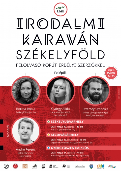 Sz�kelyf�ldi irodalmi felolvas�karav�n - Borcsa Imola, Gy�rgy Alida �s Sztercey Szabolcs Andr� Ferenccel besz�lget a Vigad� Művelőd�si H�z d�szterm�ben - A Vigad� Művelőd�si H�z szervez�s�ben, m�jus 13-�n (cs�t�rt�k�n) 18 �r�t�l , sz�kelyf�ldi irodalmi felolvas�karav�non vehet r�szt nagy�rdemű, a Vigad� Művelőd�si H�z d�szterm�ben.

�jabb sz�kelyf�ldi irodalmi felolvas�karav�nra indul az Erd�lyi H�rad� Kiad� �s az Erd�lyi Magyar �r�k Lig�ja, m�jus 12�14. k�z�tt. Ez�ttal Gyergy�szentmikl�son, K�zdiv�s�rhelyen �s Sz�kelyudvarhelyen mutatkozik be h�rom fiatal erd�lyi szerző: Borcsa Imola, Sz�kelyf�ld-d�jas �r�, Gy�rgy Alida, L�t�-n�v�d�jas �r�, k�ltő �s Sztercey Szabolcs, M�hes Gy�rgy-deb�t-d�jas k�ltő. A fell�pőkkel Andr� Ferenc k�ltő, slammer, a Hervay K�nyvek sorozat t�rsszerkesztője besz�lget.

A szerzők k�tetei a helysz�nen megv�s�rolhat�k.

A fell�pőkről:

Borcsa Imola (1990, K�zdiv�s�rhely) �r�. A Sz�kelyf�ld foly�irat n�v�d�jasa. Első novell�sk�tete Magneb�hat (Erd�lyi H�rad� Kiad� � Napk�t Kiad�, 2019) c�mmel jelent meg, mellyel elnyerte a Rom�niai �r�k Sz�vets�g�nek deb�t-d�j�t �s a budapesti �r�k Boltja k�nyv�szt�nd�j�t. 2020-ban elnyerte a M�ricz Zsigmond-�szt�nd�jat. Jelenleg K�zdiv�s�rhelyen �l, gy�gyszer�szk�nt dolgozik.

Gy�rgy Alida (1995, Zetelaka) k�ltő, �r�, dr�ma�r�. A L�t� foly�irat n�v�d�jasa. Első k�tete H�rmasszab�ly (Erd�lyi H�rad� Kiad� � FISZ, 2021) c�mmel jelent meg a Hervay K�nyvek sorozatban. 2017-ben a Communitas Alap�tv�ny alkot�i �szt�nd�jasa volt. Jelenleg a Marosv�s�rhelyi Műv�szeti Egyetem dr�ma�r� szak�nak v�gzős hallgat�ja.

Sztercey Szabolcs (1991, Gyergy�szentmikl�s) k�ltő. Első k�tet��rt elnyerte a M�hes Gy�rgy-deb�t-d�jat. M�sodik k�tete Pl�ssbolyg� (Erd�lyi H�rad� Kiad� � FISZ, 2021) c�mmel jelent meg a Hervay K�nyvek sorozatban, melynek meg�r�sa sor�n M�ricz Zsigmond-�szt�nd�jban r�szes�lt. A Sapientia Tudom�nyegyetem filmrendező szak�n v�gzett, t�bb r�vidfilmj�t is d�jazt�k. 

Andr� Ferenc (1992, Cs�kszereda) k�ltő, műford�t�, slammer, szerkesztő. Az Erd�lyi H�rad� Kiad�n�l megjelenő Hervay K�nyvek sorozat t�rsszerkesztője. A Bretter Gy�rgy Irodalmi K�r volt eln�ke (2014�2018), a Helikon foly�irat volt szerkesztője (2016�2019). Eddig k�t k�tete jelent meg. A L�t� foly�irat n�v�d�jasa, az I. Erd�lyi Slam Poetry Bajnoks�g Győztese, a Rom�niai �r�k Sz�vets�ge deb�t-d�jasa.

A bel�p�s regisztr�ci� seg�ts�g�vel lehets�ges, a helyek sz�ma korl�tozott!