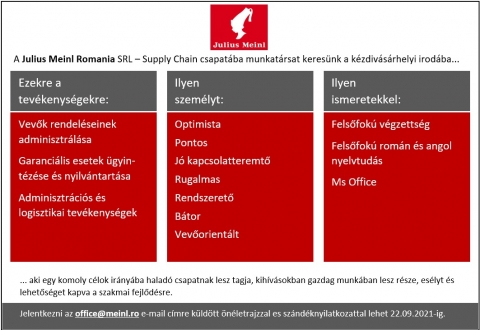 Julius Meinl Romania - Sales Accountant - Fontosabb feladatk�r�k:
Vevők rendel�seinek adminisztr�l�sa (visszaigazol�s, program�l�s, sz�ml�z�s)
Garanci�lis esetek �gyint�z�se, ny�lv�ntart�sa
 