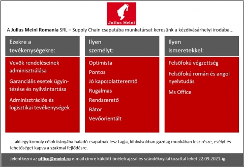 Julius Meinl Romania - Sales Accountant - Fontosabb feladatkrk:
Vevők rendelseinek adminisztrlsa (visszaigazols, programls, szmlzs)
Garancilis esetek gyintzse, nylvntartsa
 