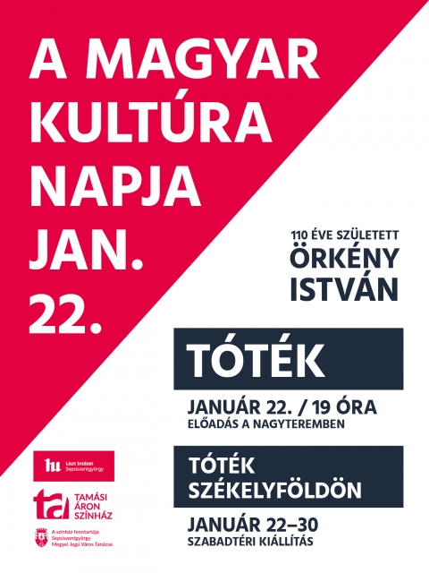 A sepsiszentgy�rgyi Tam�si �ron Sz�nh�z �s a Liszt Int�zet sepsiszentgy�rgyi fi�kj�nak szervez�s�ben ki�ll�t�ssal �s előad�ssal �nnepelj�k a Magyar Kult�ra Napj�t - Ki�ll�t�ssal �s előad�ssal �nnepelj�k a Magyar Kult�ra Napj�t

A sepsiszentgy�rgyi Tam�si �ron Sz�nh�z �s a Liszt Int�zet sepsiszentgy�rgyi fi�kj�nak szervez�s�ben janu�r 22-�n, a Magyar Kult�ra Napj�n szabadt�ri ki�ll�t�sra ker�l sor a sz�nh�z előtt, majd a Bocs�rdi L�szl� �ltal rendezett�T�t�k�c�mű előad�st j�tssza a t�rsulat.

Id�n �prilisban lesz �rk�ny Istv�n sz�let�s�nek 110 �ves �vfordul�ja, �gy a Magyar Kult�ra Napja alkalm�b�l szervezett ki�ll�t�ssal �s előad�ssal elsősorban a Kossuth- �s k�tszeres J�zsef Attila-d�jas magyar �r�, a vil�girodalmi rang� magyar groteszk pr�za �s dr�ma megteremtője előtt szeretn�nk tisztelegni.

A főt�ren, a Tam�si �ron Sz�nh�z előtt t�bb napon �t l�that� ki�ll�t�s c�me�T�t�k Sz�kelyf�ld�n, mely ki�ll�t�s első napj�n, janu�r 22-�n az �rk�ny darabj�b�l 1969-ben F�bri Zolt�n �ltal rendezett�Isten hozta, őrnagy �r!�c�mű legend�s film hanganyag�t hallhatj�k az �rdeklődők. A filmben olyan kitűnő magyar sz�n�szek j�tszottak, mint Latinovits Zolt�n, Sinkovits Imre, F�nay M�rta, Venczel Vera, P�ger Antal, D�gi Istv�n, Rajz J�nos, Bod Ter�z, Darvas Iv�n� A ki�ll�t�son a darab sz�kelyf�ldi bemutat�i mellett az 1967 febru�rj�ban tartott ősbemutat�r�l is tal�l majd egy r�vid inform�ci�s anyagot a k�z�ns�g, mely ősbemutat� �ta szinte napra pontosan 55 �v telt el. Este 7 �r�t�l a Bocs�rdi L�szl� �ltal rendezett T�t�k c�mű előad�st j�tssza a Tam�si �ron Sz�nh�z t�rsulata a nagyteremben.

Egy bizarr alap�tlet, n�h�ny k�l�n�s figura, �s az abszurd hat�r�t feszegető groteszk helyzetek hossz� sora, melyek alatt az ember dől a nevet�stől, de k�zben �rzi, hogy val�j�ban a m�sodik vil�gh�bor� trag�di�j�t l�tja. Tal�n �gy lehetne egy mondatban �sszefoglalni a T�t�kat, mely elősz�r kisreg�ny form�j�ban jelent meg 1966-ban, majd egy �vvel k�sőbb �rk�ny Istv�n �tdolgozta dr�m�v�. A darab m�r 1970-es p�rizsi előad�s�val elnyerte a Fekete Humor Nagyd�j�t.

T�t�k egyetlen fia az orosz fronton harcol, �s r�besz�li idegkimer�lts�gben szenvedő felettes�t, hogy sz�lein�l, M�traszentann�n pihenje ki a h�bor� f�radalmait. Az őrnagy meg is �rkezik a hegyi faluba, a T�t csal�d pedig mindent elk�vet, hogy a kedv�re tegyen, abban a rem�nyben, hogy �gy az őrnagy p�rtfog�sa al� veszi majd gyermek�ket a harct�ren. Ebben az �rtatlan csal�di t�rt�netben a mindenkori ember kiszolg�ltatotts�g�r�l fest �tfog�, �r�k �rv�nyű k�pet a szerző, az elnyom�s od�ig fokoz�dik, hogy v�g�l m�r a legkegyetlenebb megtorl�st is indokoltnak �rezhetj�k. �rk�ny Istv�n �les hang� kritik�j�ban azonban mindv�gig jelen van az egy�tt�rz�s �s a szeretet is, a t�velyg�sek m�g�tt �rződik a kisember j� sz�nd�ka.