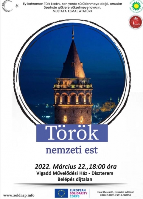 T�r�k nemzeti est - A Z�ld Nap Egyes�let �r�mmel tudatja, hogy 2022. m�rcius 22-�n (kedd) 18 �rakor a k�zdiv�s�rhelyi Vigad� Művelőd�si H�z d�szterm�ben T�r�k nemzeti estre ker�l sor. Az est h�zigazd�ja Petek Taykan, a Heal the earth, reloaded edition! projekt t�r�korsz�gi �nk�ntese lesz.

Ha elj�ssz akkor megismerheted a Kis-�zsi�ban fekvő, gazdag t�rt�nelmi m�lt�, 780 000 km2 ter�letű T�r�korsz�g kult�r�j�t �s hagyom�nyait, betekint�st nyerve az orsz�g politikai helyzet�be �s legfontosabb �nnepeibe is. T�r�korsz�got m�lt�n nevezhetn�nk a vil�g egyik legsz�nesebb, legv�ltozatosabb nevezetess�gekkel b�r�, legcsod�latosabb orsz�g�nak, melyet sokban k�sz�nhet k�t kontinens tal�lkoz�s�n�l val� fekv�s�nek �s fordulatos t�rt�nelm�nek. Ugyanakkor az este folyam�n megismerkedhetsz az orsz�g legszebb v�rosaival is, amit mindenk�pp �rdemes megl�togatni! A prezent�ci� vide�kat, t�ncokat is mag�ban foglal valamint Petek seg�ts�g�vel egy p�r alapvető t�r�k sz�t is elsaj�t�thatsz.  Az esem�ny keret�n bel�l es�ly ad�dik k�rd�sek feltev�s�re is, ha valaki t�bbet szeretne megtudni a t�r�k�kről.  A bel�p�s d�jtalan.

M�diat�mogat�k: Profi R�di�, Kezdi.info, Sz�k-helyek.ro, Sz�kely H�rmond�, Siculus R�di�, Polyp Tv, Siculus r�di� �s a H�romsz�k

