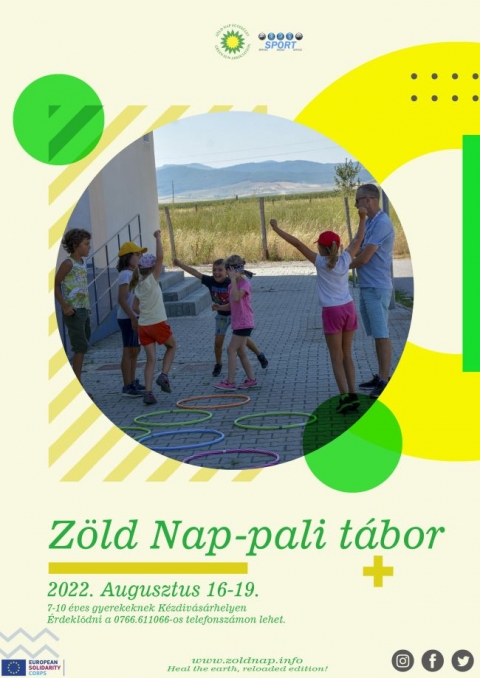 Z�ld Nap-pali t�bor XVI - Augusztus 16 - 19 k�z�tt a Z�ld Nap Egyes�let partners�gben a k�zdiv�s�rhelyi Sportirod�val az �v �t�dik bej�r�s t�bor�t szervezi meg a c�hes v�rosban. A nappali t�borba, olyan 7-10 �v k�z�tti fiatalok jelentkez�s�t v�rj�k, akik k�zel �rzik magukhoz a term�szetet �s a sportot ugyanakkor hajland�ak �j kih�v�sokban r�szes�lni, �j dolgokat elsaj�t�tva fők�nt a kreat�v �jrahasznos�t�s �s az eg�szs�ges �letm�d ter�n.

A t�borban v�ltozatos kinti �s benti programok, sportos, műv�szeti, szabadidős, akt�v �s pihentető tev�kenys�gek v�ltakoznak. K�l�n hangs�lyt fektet�nk a j�t�kos tanul�sra, �nmaguk �s egym�s megismer�s�re, valamint a gyerekek �rz�keny�t�s�re, egym�s elfogad�s�ra, a k�rnyezettudatos, a term�szetv�delem �s az eg�szs�ges �letm�d fontoss�g�ra. Gondosan �ssze�ll�tott program alapj�n, de a gyerekek ig�nyei szerint alak�tva a tev�kenys�geket.

Jelentkez�si hat�ridő: augusztus 12.

Hissz�k azt, hogy azok a fiatalok, akik r�szt vesznek a nappali t�borban, tudatosabb k�rnyezetv�dőkk� v�llnak, tisztelni fogj�k a k�r�l�tt�k �lő n�v�ny- �s �llatvil�got megismerik a kapcsolatot a term�szet elemei k�z�tt, �gy fokozott �rdeklőd�ssel �s tisztelettel fognak j�rni benne. Minden jelentkezni k�v�n� fiatalnak v�llalnia kell a 130 lejes hozz�j�rul�si k�lts�get, ami tartalmaz egy eb�det (gyerekmen�) is. Ez egy �bej�r�s� t�bor, a foglalkoz�sok reggel 9 �r�t�l - 16 �r�ig tartanak.

A r�sztvevők sok �rdekes programban �s meglepet�sekben fognak r�szes�lni. Jelentkezni, �rdeklődni R�duly Attil�n�l a 0766.611066 -es telefonsz�mon, vagy az office@zoldnap.info e-mail c�men lehet. A helyek sz�ma korl�tozott. 

Partner: Eur�pai Szolidarit�si Test�let

Plak�tterv: R�duly Attila
