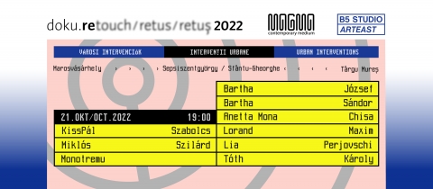 doku.RETUS 2022 - V�rosi intervenci�k a MAGMA Kort�rs Műv�szeti Ki�ll�t�t�rben - doku.RETUS 2022 - V�rosi intervenci�k a MAGMA Kort�rs Műv�szeti Ki�ll�t�t�rben.

A sepsiszentgy�rgyi  MAGMA Kort�rs Műv�szeti Ki�ll�t�t�r tisztelettel megh�vja �nt a doku.RETUS 2022 c�mű projekt bemutat�j�ra
Bartha J�zsef �s Ungv�ri Zr�nyi Kata � a Retus 2022 kur�torai � valamint Mikl�s Szil�rd k�pzőműv�sz jelenl�t�ben, p�nteken, 2022. okt�ber 21-�n, 19 �rakor.

A Retus c�mű projekt � melyet az ARTeast Alap�tv�ny kezdem�nyezett � c�lja, hogy beavatkozzon a marosv�s�rhelyi t�rsadalom sz�vet�be �s a műv�szet eszk�zeivel megeleven�tse azt, felt�rjon elfeledett t�rt�neteket �s beind�tsa �ngy�gy�t� folyamatait.

Műv�szek: Bartha J�zsef, Bartha S�ndor, Anetta Mona Chișa, Kissp�l Szabolcs, Claudiu Lorant Maxim, Mikl�s Szil�rd, Monotremu, Lia Perjovschi, T�th K�roly

A Retus alkalm�b�l 2022. szeptember�ben k�sz�lt intervenci�s alkot�sok dokument�ci�s anyag�t a k�z�ns�g 2022. december 2-ig l�thatja a ki�ll�t�t�r alagsori termeiben, h�tfő �s �nnepnapok kiv�tel�vel, naponta 11-19 �ra k�z�tt.
Kur�torok: Bartha J�zsef, Ungv�ri-Zr�nyi Kata | Szerzők: Bartha J�zsef, Bartha S�ndor, Anetta Mona Chișa, Kissp�l Szabolcs, Claudiu Lorant Maxim, Mikl�s Szil�rd, Monotremu, Lia Perjovschi
BEMUTAT�KI�LL�T�S

A ReTouch (Retus) c�mű projekt c�lja, hogy beavatkozzon a marosv�s�rhelyi t�rsadalom sz�vet�be �s a műv�szet eszk�zeivel megeleven�tse azt, felt�rja elfeledett t�rt�neteit �s beind�tsa �ngy�gy�t� folyamatait.

Az ARTeast Alap�tv�ny �ltal megh�vott műv�szek: Bartha S�ndor, Anetta Mona Chișa, Kissp�l Szabolcs, Claudiu Lorant Maxim, Mikl�s Szil�rd, Monotremu, Lia Perjovschi, T�th K�roly, Bartha J�zsef; 2022. szeptember 22-28. k�z�tt egy�nileg vagy egym�ssal egy�ttműk�d�sben intervenci�s projekteket val�s�tottak meg a v�ros k�l�nb�ző helysz�nein, majd a B5 St�di�ban bemutat�kat tartottak r�luk, mely alkalmak a k�z�ns�ggel �s m�s műv�szekkel folytatott, relev�ns besz�lget�sekk� alakultak.

Nyolc (egy�ni �s k�z�s) műv�szi beavatkoz�s val�sult meg a marorv�s�rhelyi t�rsadalom sz�vet�be, k�l�nb�ző helysz�neken; a műv�szek nagyon k�l�nb�ző megk�zel�t�si m�dokkal dolgoztak (fizikai, ment�lis, eml�kezeti, audit�v-, valamint a m�dia tereiben).

Munk�ik a Marosv�s�rhely �s k�rny�ke �ltal k�n�lt t�m�k t�bbf�le vet�let�t emelt�k ki: t�rt�nelmi, t�rsadalmi �s k�z�ss�gi, interetnikus �s urbanisztikai dimenzi�kkal rendelkező t�m�kat dolgoztak fel, �talak�tva (retus�lva) a kollekt�v, egy�ni �s kultur�lis eml�kezetet. V�ratlan b�nuszk�nt szinte minden projekt erősen k�tőd�tt a helyi t�rt�nelem valamely konkr�t mot�vum�hoz. A ReTouch programsorozat eredm�nyei a k�vetkezők: egy workshop-intervenci� helyi k�z�ss�gekbe, egy restaur�ci�s beavatkoz�s, egy hangs�ta, egy kultur�lis helysz�n t�rt�net�hez k�tődő kiadv�ny �s t�ra, egy konceptu�lis műv�szeti intervenci� egy helyi napilapba, egy plak�tsorozat potenci�lis k�z�ss�gi tal�lkoz�helyeken, egy k�zt�ri beavatkoz�s műv�szeti bannerek seg�ts�g�vel, valamint egy megeml�kező c�lzat� ki�ll�t�s.

https://magma.ro/hu/art-event/doku-retus-2022/
https://www.facebook.com/events/5257927327649379