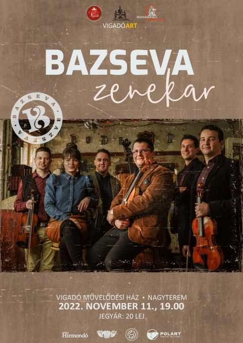 A Bazseva Zenekar koncertje a Vigadban - A Bazseva Zenekar koncertje a Vigadban. A Vigad Művelődsi Hz szervezsben, 2022. november 11-n (pntek), 19 rtl, a Bazseva Zenekar koncertjn vehetnek rszt az rdeklődők a Vigad Művelődsi Hz nagytermben. 

A Bazseva zenekar azzal a cllal alakult, hogy megmutassa, a magyar npzene sosem mehet ki a divatbl. Megunhatatlan, mint a hazarkezs. A tagok Budapesten s krnykn lő fiatalok, akiket sszekt a magyar npzene irnti szeretet s a folklorisztikus hagyomnyok tisztelete. Mindnyjuk letnek kzponti eleme a zene, tanuljk, tantjk, hallgatjk s jtsszk. Archv felvtelek alapjn dolgoznak, s annak őserejt prbljk tovbb kzvetteni az urbanizlt valsgba, hiszen a magyar npzennek vitathatatlan ltjogosultsga van a vrosokban is.

A zenekar tagja:
Nyitrai Tams-hegedű
Szab Dniel-cimbalom
Papp Endre-brcsa
Bognr Andrs-nagybőgő
lland vendgeink:
Par Julianna-nek
Mih Attila-hegedű

Vrjuk szeretettel!
Jegyr: 20 lej