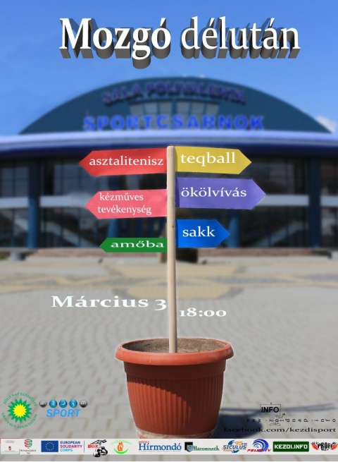 Mozg� D�lut�n - M�rcius 3 - A Z�ld Nap Egyes�let partners�gben az �nkorm�nyzat Sportirod�j�val m�rcius 3-�n, p�ntek d�lut�n 18-20. �ra k�z�tt a 2023-as �v m�sodik Mozg� D�lut�nj�t szervezi meg a c�hes v�rosi Kicsid G�bor sportcsarnokban. A rendezv�ny c�lja felh�vni a figyelmet az eg�szs�ges �letm�dra �s az eg�szs�gmegőrz�sre egyar�nt, amelyet a mozg�s n�pszerűs�t�s�n t�l sz�mos k�s�rő programmal igyekeznek előseg�teni.

Az �rdeklődőknek lehetős�g�k lesz asztaliteniszezni, szaladni, amőb�zni, ugr�k�telezni, sakkozni a Pro Pectus Egyes�lettel, betekint�st nyerhetnek a k�zdiv�s�rhelyi Life box bemutat� edz�s vil�g�ba is, Hadnagy L�szl� vezetőedző seg�ts�g�vel. De kipr�b�lhatj�k a n�pszerű teqballt is, ami egy a labdar�g�s �s az asztalitenisz elemeinek kombin�l�s�val kialak�tott sport. A Z�ld Nap Egyes�letnek k�sz�nhetően pedig gyerekfoglalkoz�s lesz �s megismerhetnek a jelenl�vők k�l�nb�ző faj�t�kokat is.  Ha m�g nincs programod szerd�ra, ne gondolkozz tov�bb! Itt a helyed! A bel�p�s d�jtalan.

T�mogat�: Bethlen G�bor Alapkezelő Zrt. �s az Eur�pai Szolidarit�si Test�let

M�diat�mogat�k: Profi R�di�, Kezdi.info, Sz�kely H�rmond�, Siculus R�di�, Polyp Tv, H�romsz�k

Szerző: R�duly Attila

Plak�tterv: Celine Berthier

