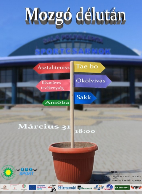 Mozg� D�lut�n - M�rcius 31 - A Z�ld Nap Egyes�let partners�gben az �nkorm�nyzat Sportirod�j�val m�rcius 31-�n, p�ntek d�lut�n 18-20. �ra k�z�tt a 2023-as �v harmadik Mozg� D�lut�nj�t szervezi meg a c�hes v�rosi Kicsid G�bor sportcsarnokban. A rendezv�ny c�lja felh�vni a figyelmet az eg�szs�ges �letm�dra �s az eg�szs�gmegőrz�sre egyar�nt, amelyet a mozg�s n�pszerűs�t�s�n t�l sz�mos k�s�rő programmal igyekeznek előseg�teni.

Az �rdeklődőknek lehetős�g�k lesz asztaliteniszezni, szaladni, amőb�zni, ugr�k�telezni, sakkozni Perdi R�berttel, betekint�st nyerhetnek a k�zdiv�s�rhelyi Life box bemutat� edz�s vil�g�ba is, Hadnagy L�szl� vezetőedző seg�ts�g�vel. De kipr�b�lhatj�k a n�pszerű teqballt is, ami egy a labdar�g�s �s az asztalitenisz elemeinek kombin�l�s�val kialak�tott sport. A programok z�r� momentumak�nt 19 �r�t�l Tank� S�ndor �s Voiculescu Kriszta edzők Tae-Bo bemutat�t tartanak.  A Tae-bo 1970-es �vekben Amerik�b�l indult h�d�t� vil�g�tj�ra �s az�ta is t�retlen h�rn�vnek �rvend vil�gszerte. A Z�ld Nap Egyes�letnek k�sz�nhetően pedig gyerekfoglalkoz�s lesz �s megismerhetnek a jelenl�vők k�l�nb�ző faj�t�kokat is.  Ha m�g nincs programod p�ntekre, ne gondolkozz tov�bb! Itt a helyed! A bel�p�s d�jtalan.

T�mogat�: K�zdiv�s�rhely �nkorm�nyzata  �s az Eur�pai Szolidarit�si Test�let

M�diat�mogat�k: Profi R�di�, Kezdi.info, Sz�kely H�rmond�, Siculus R�di�, Polyp Tv, H�romsz�k

Szerző: R�duly Attila

Plak�tterv: Celine Berthier
