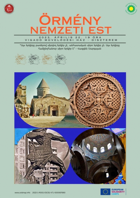 Örmény Nemzeti est - 2023. április 22-én (szombat) este 19.00 órai kezdettel a kézdivásárhelyi Vigadó Művelődési Ház Dísztermében a Zöld Nap Egyesület szervezésében kerül sor az év első örmény nemzeti estjére. Ezen alkalommal Alik Mazmanyan és Mariam Evanesyan a Heal the earth, reloaded edition II projekt örményországi ESC önkéntesek mutatják be a szülőföldjüket egy interaktív bemutató segítségével. Az est során megtudhatnak többet Örményországról, híres örményekről, ünnepekről és hagyományos ételekről. Ugyanakkor egy örmény verset is meghallgathatnak a jelenlévők.
A prezentáció videókat, táncokat is magában foglal valamint az önkéntesek segítségével egy pár alapvető örmény szót is elsajátíthatnak a résztvevők. Az est végén a jelenlévők egy örmény recept alapján készült ételt is megkóstolhatnak. A belépés díjtalan.
Az est fő támogatója: Európai Szolidaritási Testület valamint a Vigadó Művelődési Ház
Plakátterv: Alik Mazmanyan