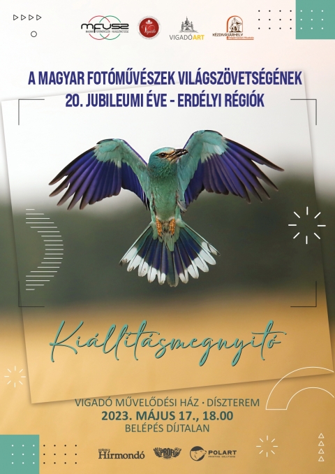 A Magyar Fotóművészek Világszövetségének 20. jubileumi éve (Erdélyi régiók) című kiállítása - A Vigadó Művelődési Ház szervezésében, 2023. május 17-én (szerda) 18 órától, a Magyar Fotóművészek Világszövetségének 20. jubileumi éve (Erdélyi régiók) című kiállításnak a megnyitóján vehetnek részt az érdeklődők a Vigadó Művelődési Ház dísztermében. Beszédet mond DR. PATRUS SÁNDOR, a Magyar Fotóművészek Világszövetségének elnöke
Várjuk szeretettel!
Belépés díjtalan