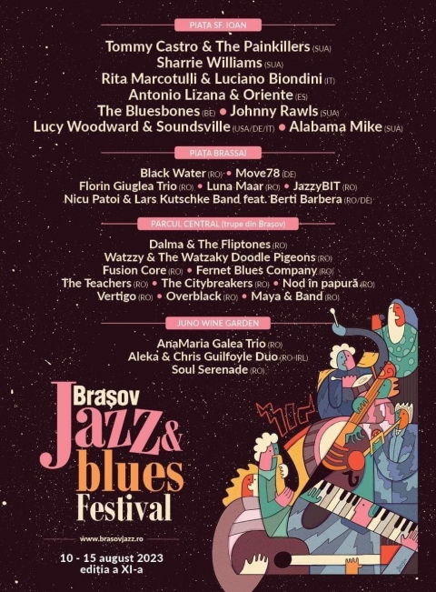 XI.-ik alkalommal Nemzetközi Jazz & Blues Fesztivál augusztus 10-15. között Brassóban - XI.-ik alkalommal Nemzetközi Jazz & Blues Fesztivál augusztus 10-15. között Brassóban
A 11. alkalommal megrendezett Brassói Jazz & Blues Fesztivál augusztus 10-15. között kerül megrendezésre Brassóban több helyen, valamint két esemény a városhoz közeli két településen is. A fesztivál öt színpadán 8 ország több mint 30 művésze lép fel a Sf. Ioan Tér, Brassai Tér, a Nicolae Titulescu Central Park és a Juno Wine Garden területén. Péntektól vasárnapig Jam session estek követték a kiváló koncerteket melyek a kapu utcai a Deane's Irish Pub & Grillben tartottak. A gospel koncerteket pedig a Prejmer és Bod erődtemplomban rendezik meg.
A fesztivál programját zenés filmek, életrajzi dokumentumfilmek teszik teljessé a Cinema Astra moziban, és a Titulescu Park különlegesen kialakított chill területén. A Brassó Jazz & Blues Fesztivál 2023 programjában olyan neves és nívós előadókat hjvtak meg mint TOMMY CASTRO & The Painkillers (SUA) | Johnny Rawls (SUA) | Sharrie Williams (SUA) | Rita Marcotulli & Luciano Biondini (IT) | Antonio Lizana & Oriente (SP) | The BluesBones (BE) | Lucy Woodward & Soundsville (UK/IT/DE) | Alabama Mike (SUA).
Példaértékű a brassói esemény, hisz az amerikai, német, olasz, francia nagyágyúk mellett , szép számban sorakoztatja föl a hazai Jazz blues előadókat is. Az idei hazai meghívottak voltak többek között: Florin Giuglea Group, Fernet Blues Company, Soul Serenade, Jazz Bit, Fusion Core és még sokan mások. Teljes lista és program a brasov jazz and blues festival honlapján: https://brasovjazz.ro/
Kedd este 20:45 órakor a központi parkban Fernet Blues Company koncert.
T.N.