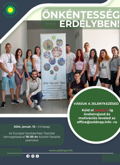 Egy éves önkéntes lehetőség Erdélyben - Megnyert ESC pályázat keretében a kézdivásárhelyi Zöld Nap Egyesület 2024. január 10-től egy évre egy magyarországi önkéntest fogad. Olyan 18 - 30 év közötti fiatalt keresünk, aki szereti a természetjárást, érdeklődik a sport és a környezetvédelem iránt, legalább alap szinten beszél angolul, nem mellesleg szeretne egy évet egy vidám, kreatív és befogadó közösségben eltölteni.
A projekt az Európai Szolidaritási Testület keretében valósul meg, az önkéntes fizetés nélkül dolgozik, munkájáért cserébe viszont szállást, ellátást, nyelvoktatást, személyes segítőket, és havonta egy kisebb összegű zsebpénzt (120 eurót) kap.
Feladatok:
Klubok, előadások, fórumok, rendezvények, táborok szervezése
Önkéntességet népszerűsítő előadások, beszélgetések iskolákban
Nemere Útja zöldútvonal fejlesztése
információs anyagok összeállítása
a szervezet és a helyi programok népszerűsítése.
Az önkéntesnek változatos feladatai lesznek, számos tanulási lehetőséggel, illetve lehetősége lesz kreativitását is használni. Beleláthat egy civilszervezet működésébe, sőt alakíthatja is azt! Az önkéntes 6 órát tevékenykedik egy nap, a hét 5 napján. Hetente 2 szabadnapban, továbbá havonta plusz kettőben részesül. A leendő önkéntes az ESC programjának keretében a szokásos juttatásokat kapja, szállás, havi zsebpénzt és étkezési hozzájárulást (150 euró/hó). Az utazást szintén 100%-ban téríti a program, e mellett teljeskörű Henner biztosítása is lesz!
A jelentkezőktől önéletrajzot és motivációs levelet várunk, utána Skype-interjút készítünk a kiválasztott jelentkezőkkel. Jelentkezési határidő: minél előbb, de legkésőbb január 2.-ig, (éjfél). Ha felkeltettük érdeklődésedet, kérjük, jelentkezz a Zöld Nap Egyesület elérhetőségein: +40766.611066, office@zoldnap.info
A projekt az Európai Unió résztámogatásával valósul meg.