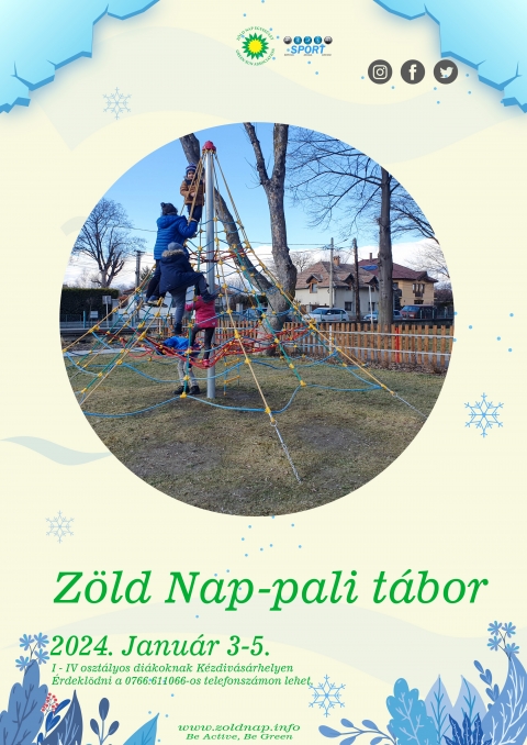 Z�ld Nap-pali t�bor XXIII - 2024. janu�r 3 - 5 k�z�tt a Z�ld Nap Egyes�let partners�gben a k�zdiv�s�rhelyi Sportirod�val a 2024-es �v első bej�r�s t�bor�t szervezi meg a c�hes v�rosban. A nappali t�borba, olyan I - IV oszt�lyos di�kok jelentkez�s�t v�rj�k, akik k�zel �rzik magukhoz a term�szetet �s a sportot ugyanakkor hajland�ak �j kih�v�sokban r�szes�lni, �j dolgokat elsaj�t�tva fők�nt a kreat�v �jrahasznos�t�s �s az eg�szs�ges �letm�d ter�n.

A t�borban v�ltozatos kinti �s benti programok, sportos, műv�szeti, szabadidős, akt�v �s pihentető tev�kenys�gek v�ltakoznak. K�l�n hangs�lyt fektet�nk a j�t�kos tanul�sra, �nmaguk �s egym�s megismer�s�re, valamint a gyerekek �rz�keny�t�s�re, egym�s elfogad�s�ra, a k�rnyezettudatos, a term�szetv�delem �s az eg�szs�ges �letm�d fontoss�g�ra. Gondosan �ssze�ll�tott program alapj�n, de a gyerekek ig�nyei szerint alak�tva a tev�kenys�geket.

Jelentkez�si hat�ridő: december 28.

Hissz�k azt, hogy azok a fiatalok, akik r�szt vesznek a nappali t�borban, tudatosabb k�rnyezetv�dőkk� v�llnak, tisztelni fogj�k a k�r�l�tt�k �lő n�v�ny- �s �llatvil�got megismerik a kapcsolatot a term�szet elemei k�z�tt, �gy fokozott �rdeklőd�ssel �s tisztelettel fognak j�rni benne. Minden jelentkezni k�v�n� fiatalnak v�llalnia kell a 105 lejes hozz�j�rul�si k�lts�get, ami tartalmaz egy eb�det �s meglepet�seket is. Ez egy �bej�r�s� t�bor, a foglalkoz�sok reggel 9 �r�t�l - 16 �r�ig tartanak.

A r�sztvevők sok �rdekes programban �s meglepet�sekben fognak r�szes�lni. Jelentkezni, �rdeklődni R�duly Attil�n�l a 0766.611066 -es telefonsz�mon, vagy az office@zoldnap.info e-mail c�men lehet. A helyek sz�ma korl�tozott. 

Partner: Bethlen G�bor Alapkezelő Zrt �s az Eur�pai Szolidarit�si Test�let

Plak�tterv: R�duly Attila