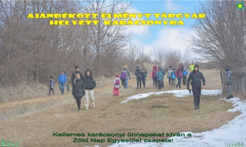 �r�mteli kar�csonyi �nnepeket �s sikerekben gazdag Z�ld Napos �j �vet k�v�nunk! - Kedves ismerős�k, �nk�ntesek, bar�tok, t�mogat�k �s l�togat�k! K�sz�nj�k az eg�sz �ves t�mogat�st, sok biztat�st, seg�ts�get! K�sz�nj�k a felaj�nlott szem�lyi j�vedelem ad� 3.5%-�t �s a megfizethetetlen �nk�ntes �r�kat is! Az egyes�let legnagyobb forr�sa a k�zreműk�dők �ltal v�gzett hatalmas mennyis�gű �nk�ntes munka, melynek nem lej a m�rt�kegys�ge.

Ezek �s a sok biztat�s teszi lehetőv�, hogy j�vőre is megpr�b�ljunk legal�bb ekkora lelkesed�ssel �s kitart�ssal dolgozni k�rnyezet�nk v�delm�ben.

�r�mteli kar�csonyi �nnepeket �s Eredm�nyes, �lhető, Fenntarthat� Z�ld Napos �j �vet k�v�nunk! Tartson vel�nk �s tegy�nk egy�tt j�vőre is k�rnyezet�nk�rt!

�dv�zlettel a Z�ld Nap Egyes�let csapata