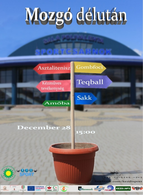 Mozgó Délután - December 28 - A Zöld Nap Egyesület partnerségben az Önkormányzat Sportirodájával december 28-án, csütörtök délután 15 - 17. óra között a 2023-as év hetedik Mozgó Délutánját szervezi meg a céhes városi Kicsid Gábor sportcsarnokban. A rendezvény célja felhívni a figyelmet az egészséges életmódra és az egészségmegőrzésre egyaránt, amelyet a mozgás népszerűsítésén túl számos kísérő programmal igyekeznek elősegíteni.
Az érdeklődőknek lehetőségük lesz asztaliteniszezni, szaladni, amőbázni, ugrókötelezni, gombfocizni a Puskás Ferenc Gombfoci Klubbal, sakkozni a Pro Pectus Egyesülettel. De kipróbálhatják a népszerű teqballt is, ami egy a labdarúgás és az asztalitenisz elemeinek kombinálásával kialakított sport. A Zöld Nap Egyesületnek köszönhetően pedig gyerekfoglalkozás lesz és megismerhetnek a jelenlévők különböző fajátékokat is. Ha még nincs programod keddre, ne gondolkozz tovább! Itt a helyed! A belépés díjtalan.
Támogató: Kézdivásárhely Önkormányzata, Communitas Alapítvány, Bethlen Gábor Alapkezelő Zrt. és az Európai Szolidaritási Testület
Médiatámogatók: Profi Rádió, Kezdi.info, Székely Hírmondó, Siculus Rádió, Polyp Tv, Háromszék
Szerző: Ráduly Attila
Plakátterv: Celine Berthier