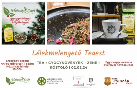 L�lekmelengető teaest az Erzs�bet teremben - Az orotvai gy�gy�t� hagyat�k�nak bemutat�s�ra ker�l sor az Erzs�bet Teremben, J�gbont� hav�nak m�sodik napj�n. Lesz tea k�stol�s, gy�gyn�v�ny bemutat�, tea v�s�r, j� hangulat �s zene.

Első alkalommal l�togat K�zdiv�s�rhelyre a Halas�gi-Csibi Egyes�let, gy�gyn�v�nyes őstermelő.

A ter�t�ken finom l�lekmelengető teakever�kek, gy�gyn�v�ny ismertető előad�s �s foglalkoz�s, �tel k�l�nlegess�gek, hangulatos zen�k.
Az előadok sz�vesen fogadnak egy csek�ly adom�nyt az �tik�lts�gek t�r�t�s�re.

V�runk szeretettel.

P�ntek, 2024 Febru�r 2, 18 �ra
Erzs�bet Terem
44-es Udvart�r, 1 sz�m,
K�zdiv�s�rhely

https://www.facebook.com/profile.php?id=100057572884916