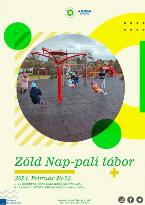Z�ld Nap-pali t�bor XXIV - 2024. febru�r 20 - 23 k�z�tt a Z�ld Nap Egyes�let partners�gben a k�zdiv�s�rhelyi Sportirod�val a 2024-es �v első m�sodik t�bor�t szervezi meg a c�hes v�rosban. A nappali t�borba, olyan I - IV oszt�lyos di�kok jelentkez�s�t v�rj�k, akik k�zel �rzik magukhoz a term�szetet �s a sportot ugyanakkor hajland�ak �j kih�v�sokban r�szes�lni, �j dolgokat elsaj�t�tva fők�nt a kreat�v �jrahasznos�t�s �s az eg�szs�ges �letm�d ter�n.

A t�borban v�ltozatos kinti �s benti programok, sportos, műv�szeti, szabadidős, akt�v �s pihentető tev�kenys�gek v�ltakoznak. K�l�n hangs�lyt fektet�nk a j�t�kos tanul�sra, �nmaguk �s egym�s megismer�s�re, valamint a gyerekek �rz�keny�t�s�re, egym�s elfogad�s�ra, a k�rnyezettudatos, a term�szetv�delem �s az eg�szs�ges �letm�d fontoss�g�ra. Gondosan �ssze�ll�tott program alapj�n, de a gyerekek ig�nyei szerint alak�tva a tev�kenys�geket.

Jelentkez�si hat�ridő: febru�r 18.

Hissz�k azt, hogy azok a fiatalok, akik r�szt vesznek a nappali t�borban, tudatosabb k�rnyezetv�dőkk� v�llnak, tisztelni fogj�k a k�r�l�tt�k �lő n�v�ny- �s �llatvil�got megismerik a kapcsolatot a term�szet elemei k�z�tt, �gy fokozott �rdeklőd�ssel �s tisztelettel fognak j�rni benne. Minden jelentkezni k�v�n� fiatalnak v�llalnia kell a 140 lejes hozz�j�rul�si k�lts�get, ami tartalmaz egy eb�det �s meglepet�seket is. Ez egy �bej�r�s� t�bor, a foglalkoz�sok reggel 9 �r�t�l - 16 �r�ig tartanak.

A r�sztvevők sok �rdekes programban �s meglepet�sekben fognak r�szes�lni. Jelentkezni, �rdeklődni R�duly Attil�n�l a 0766.611066 -es telefonsz�mon, vagy az office@zoldnap.info e-mail c�men lehet. A helyek sz�ma korl�tozott. 

Partner: Eur�pai Szolidarit�si Test�let

Plak�tterv: R�duly Attila