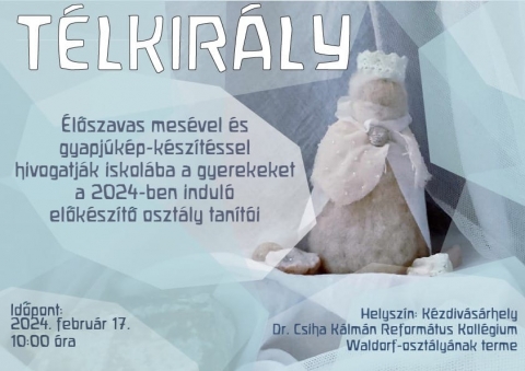 Télkirály: iskolába hívogató Waldorf-foglalkozás gyerekeknek és szülőknek - Nem lehet ilyen hamar vége a télnek! Télkirály keze messzire elér... A hideg színek, a fehér, a kék, a szürke dominál, amikor birodalmát elképzeljük és megalkotjuk, lerajzoljuk, megformázzuk gyapjúból, miközben az élőszavas mesemondás történetfordulatait idézzük fel és formáljuk újra a képzeletünkkel.
Ismét iskolába hívogató együttlétre várja a 2024-ben előkészítő osztályt kezdő gyerekeket és szüleiket a Kézdi Waldorf Egyesület. A kézdivásárhelyi Dr. Csiha Kálmán Református Kollégiumban 2024 szeptemberében induló, második előkészítő Waldorf-osztály tanítóival élőszavas-mesélős, kézműveskedő, gyapjúkép-készítő foglalkozás lesz február 17-én délelőtt 10 órától. Helyszín: a kollégiumban tavaly elindult Waldorf-osztály tanterme.
