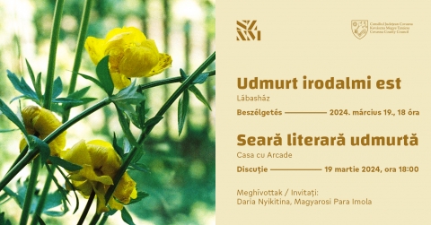 Udmurt irodalmi est - Udmurt irodalmi est
Március 19-én, kedden 18 órától az udmurt irodalom történetének rövid bemutatására kerül sor a Lábasházban. A Vannak vidékek – Udmurtföld kiállításunkhoz kapcsolódóan udmurt-magyar irodalmi kapcsolatokról is szó esik majd, illetve udmurt versek magyar fordításban, valamint megzenésített versek udmurt nyelven fognak elhangzani.
Meghívott közreműködők: Daria Nyikitina (udmurt műfordító, énekes, dalszerző) és Magyarosi Para Imola (a sepsiszentgyörgyi Tamási Áron Színház színművésze). Beszélgetés tea mellett.
A belépés ingyenes.