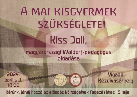 A mai kisgyermek szükségletei: előadás a kézdivásárhelyi Vigadóban  - A nagy sikerű március végi Tavaszünnep után április elején folytatja a nyilvánosság számára is nyitott rendezvényei sorozatát a Kézdi Waldorf Egyesület. 
A mai kisgyermek szükségletei címmel tart előadást Kézdivásárhelyen Kiss Joli magyarországi Waldorf-pedagógus, felnőttképzésen oktató tanár, aki 15 éve képviseli Magyarországot a Waldorf Óvodák Nemzetközi Szövetsége a Waldorf/Steiner Kisgyermekkori Nevelésért (IASWECE) nevű nemzetközi szervezetben. 
1993-ban kezdte pedagógusi pályáját, 2005-től Waldorf-óvónőként dolgozik, tagja volt a Magyar Waldorf Szövetség elnökségének. 31 éves pedagógusi tapasztalattal és számtalan szakmai továbbképzéssel felvértezve mutat irányt immár 2015 óta a Waldorf-pedagógusok új nemzedékeinek Magyarországon és Erdélyben. 
Mire van szüksége a kisgyermekeknek, és ezt hogyan adhatjuk meg nekik? Ehhez nekünk, felnőtteknek hogyan kell magunkon dolgozni, a steineri „minden nevelés önnevelés” elv szellemében? Miért fontos a kisgyermek számára az organikusan felépített napi, heti ritmus, a rendszeresen visszatérő tevékenységek biztonsága, ugyanakkor a szabad játék állandó jelenléte? Hogyan járul hozzá a Waldorf-óvoda a családi neveléssel karöltve a kisgyermek fejlődéséhez annak érdekében, hogy testileg egészséges, lelkileg szabad és szellemileg kreatív felnőtté váljon? Ilyen kérdésekre kaphatunk választ Kiss Joli előadásából, amelyre 2024. április 3-án 18 órától várnak minden érdeklődő szülőt, nagyszülőt, felnőttet a kézdivásárhelyi Vigadó dísztermében. 
A rendezvény önkéntes támogatáson alapul: a résztvevők adományait becsületkasszába várják. Ajánlott adomány 15 lej.