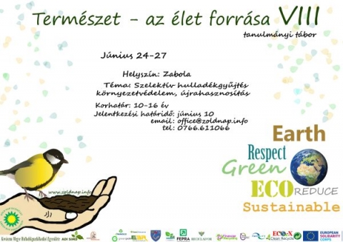 Jelentkezz te is a nyolcadik Term�szet � Az �let forr�sa! t�borba - 2024. j�nius 24 � 27 k�z�tt a Z�ld Nap Egyes�let tanulm�nyi t�bort szervez a zabolai Csipk�s t�borba a Kov�szna Megye Hullad�kgazd�lkod�si Egyes�lete �s a k�zdiv�s�rhelyi �nkorm�nyzat r�szt�mogat�s�val. A t�bor az id�n is a Term�szet � Az �let forr�sa! c�met kapta, olyan 10-16 �v k�z�tti fiatalok jelentkez�s�t v�rj�k, akik k�zel �rzik magukhoz a term�szetet, k�pesek elszakadni p�r napra a telekommunik�ci�s eszk�z�k vil�g�t�l ugyanakkor hajland�ak �j kih�v�sokban r�szes�lni, �j dolgokat elsaj�t�tva fők�nt a kreat�v �jrahasznos�t�s, a szelekt�v hullad�kgyűjt�s �s a sport ter�n.  A v�ltozatos �s j�t�kos programok mellett elsődleges c�lunk a k�rnyezettudatoss�gra nevel�s, a term�szetv�delem fontoss�g�ra val� felh�v�s, illetve a j�t�kos tanul�s előt�rbe helyez�se. 
A t�bor nemcsak szitu�ci�s gyakorlatokb�l �ll, hanem �nismereti j�t�kokat is tartalmaz. Ugyanakkor c�lunk megl�ttatni a gyerekekkel, hogy az �lől�nyek szoros �sszef�gg�sben, k�lcs�nhat�sok rendszer�ben �lnek egym�ssal.  Jelentkez�si hat�ridő: j�nius 10. 
Hissz�k azt, hogy azok a fiatalok, akik r�szt vesznek a tanulm�nyi t�borban, tudatosabb k�rnyezetv�dőkk� v�llnak, tisztelni fogj�k a k�r�l�tt�k �lő n�v�ny- �s �llatvil�got megismerik a kapcsolatot a term�szet elemei k�z�tt, �gy fokozott �rdeklőd�ssel �s tisztelettel fognak j�rni benne. A m�jus 15-ig jelentkező fiataloknak v�llalniuk kell a 151 lej/fő hozz�j�rul�si k�lts�get �s a sz�lőnek/t�rv�nyes k�pviselőnek el kell fogadja a lap alj�n tal�lhat� t�bori alapszab�lyzatot. A m�jus 16 ut�n jelentkezők sz�m�ra pedig 159 lej/fő a hozz�j�rul�si k�lts�g. A r�sztvevők a teljes ell�t�s mellett, sok �rdekes programban �s meglepet�sekben fognak r�szes�lni. 
Jelentkezni, �rdeklődni R�duly Attil�n�l a 0766.611066 -es telefonsz�mon, vagy az office@zoldnap.info e-mail c�men lehet. 
A helyek sz�ma korl�tozott. 
Plak�tterv: Silvia Blanco Gonzalez 