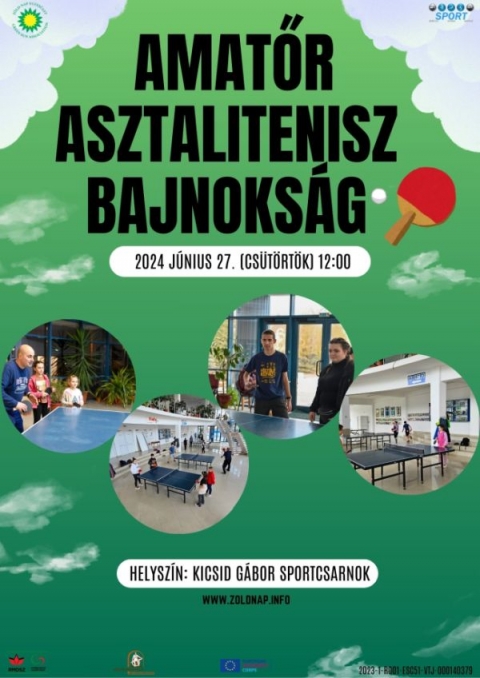 Ny�ri amatőr egy�ni asztalitenisz bajnoks�g - A k�zdiv�s�rhelyi Z�ld Nap Egyes�let partners�gben az �nkorm�nyzat Sportirod�j�val 2024. j�nius 27-�n (cs�t�rt�k) 12 �r�t�l a Kicsid G�bor Sportcsarnokban amatőr sportol�k sz�m�ra asztalitenisz bajnoks�got szervez. A k�vetkező koroszt�lyok jelentkezhetnek: 2017/2016-, 2015/2014-, 2013/2012-, 2010/2009-ben sz�letettek, valamint az ifj�s�gi koroszt�ly �s a felnőttek. 
A fi�k �s a l�nyok k�l�n kateg�ri�ban szerepelnek, a m�rkőz�sek pedig 6 asztalon fognak zajlani. Benevezni az ingyenes esem�nyre a helysz�nen az esem�ny előtt lehet. A r�sztvevőknek k�telező sportcipőt �s pingpong �tőt hozniuk. A bajnoks�g �ltal a jelenl�vők m�g r�gi kapcsolataikat fel�j�thatj�k �s �j ismerets�gekre is szert tehetnek.  A bajnoks�g v�g�n �nnep�lyes eredm�nyhirdet�sre ker�l sor, a legjobbak d�jaz�sra is ker�lnek! 
Partnerek: Communitas Alap�tv�ny, K�zdiv�s�rhely �nkorm�nyzata �s az Eur�pai Szolidarit�si Test�let 
Plak�tterv: Berfin Mizrak