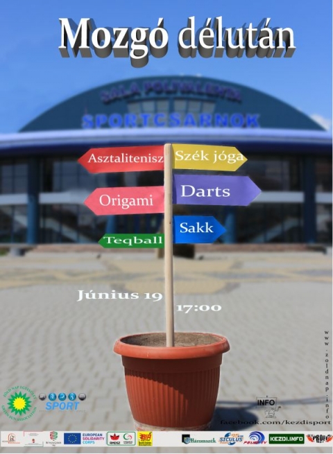 Mozg� D�lut�n � J�nius 19  - A Z�ld Nap Egyes�let partners�gben az �nkorm�nyzat Sportirod�j�val j�nius 19-�n, szerda d�lut�n 17 � 19. �ra k�z�tt a 2024-es �v �t�dik Mozg� D�lut�nj�t szervezi meg a c�hes v�rosi Kicsid G�bor sportcsarnokban. A rendezv�ny c�lja felh�vni a figyelmet az eg�szs�ges �letm�dra �s az eg�szs�gmegőrz�sre egyar�nt, amelyet a mozg�s n�pszerűs�t�s�n t�l sz�mos k�s�rő programmal igyekeznek előseg�teni. 
Az �rdeklődőknek lehetős�g�k lesz asztaliteniszezni, szaladni, amőb�zni, ugr�k�telezni, sakkozni Perdi R�berttel, betekint�st nyerhetnek a darts vil�g�ba is, Beke Istv�n seg�ts�g�vel. De kipr�b�lhatj�k a n�pszerű teqballt is, ami egy a labdar�g�s �s az asztalitenisz elemeinek kombin�l�s�val kialak�tott sport. 
A programok z�r� momentumak�nt 18 �r�t�l k�zdiszentl�leki Hodor Enikő a sz�k j�ga vil�g�ba kalauzolja el a r�sztvevőket. A Z�ld Nap Egyes�letnek k�sz�nhetően pedig gyerekfoglalkoz�s, origamiz�s lesz �s megismerhetnek a jelenl�vők k�l�nb�ző faj�t�kokat is. Ha m�g nincs programod szerd�ra, ne gondolkozz tov�bb! Itt a helyed! A bel�p�s d�jtalan. 
T�mogat�: K�zdiv�s�rhely �nkorm�nyzata, Bethlen G�bor Alapkezelő Zrt. �s az Eur�pai Szolidarit�si Test�let 
M�diat�mogat�k: Profi R�di�, Kezdi.info, Sz�kely H�rmond�, Siculus R�di�, Polyp Tv, H�romsz�k 
Szerző: R�duly Attila 
Plak�tterv: Celine Berthier
