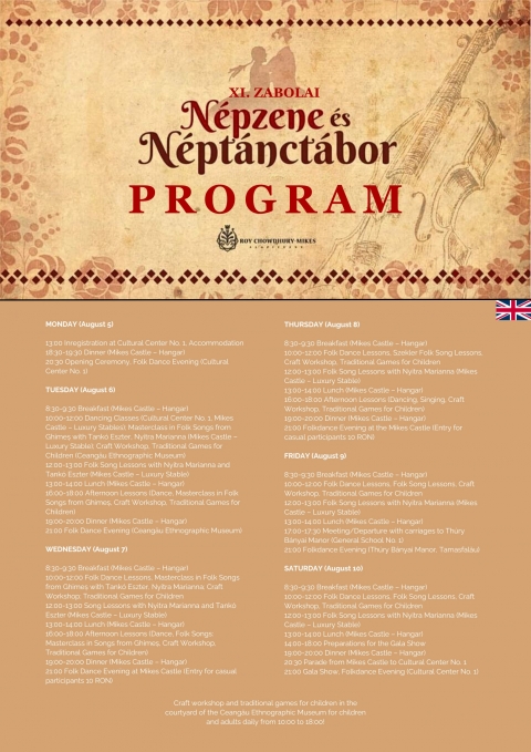 XI. Zabolai N�pzene �s N�pt�nct�bor 2024 - 11th Folk Music and Dance Camp in Zăbala - XI. Zabolai N�pzene �s N�pt�nct�bor 2024 - 11th Folk Music and Dance Camp in Zăbala

Egyedem, begyedem,TENGER T�NC.
� Hajdu s�gor, mit kiv�nsz?
� Nem kiv�nok egyebet,
Csak egy ZABOLAI FERGETEGES T�NCT�BORT!
2024-ben szeretettel v�runk a XI. Zabolai N�pzene �s N�pt�nct�borba ahol a c�lkeresztben:
1. Vajdaszentiv�nyi t�ncok� oktat�k: Tők�s Edit �s Tők�s Csaba Zsolt (halad�knak aj�nlott)
2. Sikl�di t�ncok� oktat�k: M�t�fi �gota �s F�l�p Csaba
3. Ny�r�dselyei t�ncok� oktat�k: Stef�n-Dobai Katalin �s Stef�n Bencze

Muzsik�lnak:
�SZT�R�
KATLAN
FINOM ZENEKAR
�BRI B�LA �S BAND�JA
N�PDALOKTAT�S Nyitrai Mariann�val
GYERMEKFOGLALKOZ�S: Kinda Emese

A T�BOR HELYSZ�NEI:
Zabolai I. sz�m� Kult�rh�z, Teleh�z, Cs�ng� N�prajzi M�zeum, Mikes Kast�ly, sz�kelytam�sfalvi Thury-B�nyai k�ria

R�SZV�TELI D�J: 950 lej mely tartalmazza a
- teljes ell�t�st
- n�pt�ncoktat�st
- n�pdaloktat�st
- gyermekfoglalkoz�st (k�zművess�g, n�pi gyermekj�t�kok)
- t�nch�zakban val� r�szv�telt (minden este m�s-m�s helysz�nen)
- Szekeres sz�ll�t�st Sz�kelytem�sfalv�ra
Csoportoknak kedvezm�nyt aj�nlunk: 10 ember ut�n 1 ember ingyenes, t�nccsoportok eset�n 2 k�s�rőnek a r�szv�tel ingyenes. (20 fő felett)
Felaj�nl�sokat sz�vesen elfogadunk!

SZ�LL�SLEHETŐS�G:
- Csal�dokn�l - (40 lej/fő) - kapcsolatfelv�telben seg�t�nk
- S�toroz�s (s�torhely 10 lej/fő)
- Sportcsarnok (matracd�j 10 lej/fő)
- Fizetősz�ll�shelyek: ig�ny szerint (kapcsolatfelv�telben seg�t�nk)

TOV�BBI INFORM�CI�K �S JELENTKEZ�S:
E-mail: zabola.neptanctabor@gmail.com
Tel: +40 764 453 886

https://www.facebook.com/events/251416571384416

5 AUG AT 11:00 � 11 AUG AT 07:00 BST