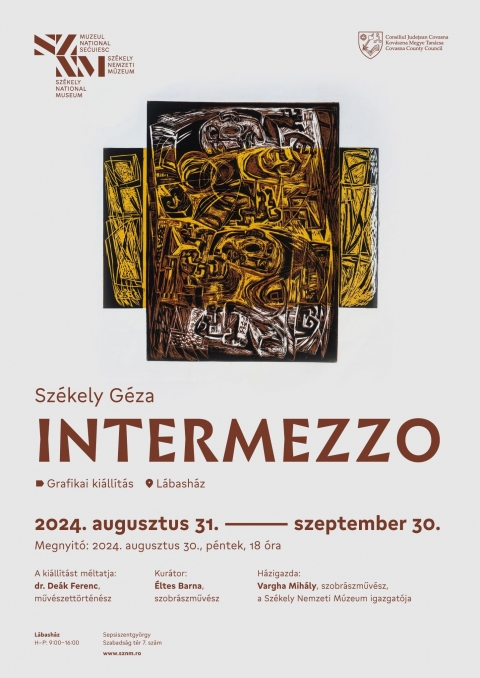 Intermezzo. Sz�kely G�za grafikai ki�ll�t�sa a L�bash�zban - 2024. augusztus 30-�n, p�nteken 18 �r�t�l a sepsiszentgy�rgyi L�bash�zban megny�lik Sz�kely G�za k�pzőműv�sz grafikai ki�ll�t�sa. A ki�ll�t�st dr. De�k Ferenc Lor�nd műv�szett�rt�n�sz m�ltatja, a t�rlat kur�tora �ltes Barna szobr�szműv�sz. Az est h�zigazd�ja Vargha Mih�ly szobr�szműv�sz, a Sz�kely Nemzeti M�zeum igazgat�ja.

Sz�kely G�za k�tőd�seinek alappill�re a sz�kely falu, amelynek b�lcsője Als�csern�ton. Az innen inspir�l�d� jelk�pekben t�rekszik az egyetemess�g meg�l�s�re. �gy a k�pein �br�zolt otthonban a v�gtelent, az egyszeriben a mitikus ut�ni v�gyat keresi. Alkot�saiban �nmag�t �s �nmagunkat adja. Lelk�be �s lelk�nkbe markol, a l�t nagy k�rd�seit feszegeti, teszi l�that�v�-�rz�kelhetőv�, t�rgyias�t az olykor bizarr, de rendk�v�l szuggeszt�v k�pzett�rs�t�sok, a sz�rrealizmus eszk�zt�r�nak maxim�lis kihaszn�l�s�val.

�sszegz�sk�ppen teh�t meg�llap�that�, hogy a virtu�z m�don kidolgozott fel�letek eszt�tikai �lm�ny�n�l t�bbet akar ny�jtani: egy eltűnőf�lben l�vő t�rgyi kult�ra �s l�tforma �t�r�s�ra �s �tment�s�re v�llalkozik an�lk�l, hogy a n�prajzi �s t�rt�nelmi relikvi�k puszta katal�gus�t �ll�tan� �ssze. 
A ki�ll�t�s 2024. szeptember 30-ig l�togathat� h�tk�znapokon 9 �s 16 �ra k�z�tt. 