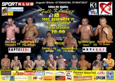 K-1 G�la K�zdiv�s�rhelyen a sportcsarnokban - Id�n m�sodik alkalommal szerveznek Full Kombat g�l�t a c�hes v�rosban.Papp Ferencz szervező gondoskodott arr�l, hogy nemzetk�zi sz�ntű legyen ez a rendezv�ny, ilym�don a ma este l�thatjuk Daniel
Loyt (Szerbia), G�czi D�nielt (Magyarorsz�g), Szab� Istv�nt, Gy�rgy
Zolt�nt, Radu Florint �s m�g m�s kem�nyfi�kat a sportcsarnokban.Rangos k�zdelmek �g�rkeznek, pride-, box- �s K-1 kateg�ri�kban.Aki ma v�s�rol jegyet du. 16. �r�ig az 15 lejt kell, hogy fizessen, este, pedig 20 lej�rt lehet majd bel�pni.