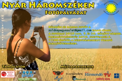 Ny�r H�romsz�ken - Z�ldnap Egyes�let fot�p�ly�zata - A Z�ld Nap Egyes�let 2009. �sz�n egy fot�p�ly�zat sorozatot ind�tott �tj�ra, melynek m�r megvolt h�rom fordul�ja. Augusztus 9-�n kezdet�t vette a negyedik egyben utols� fot�p�ly�zat is. A p�ly�zat t�m�ja a n�gy �vszak H�romsz�ken, a nyertes alkot�sokb�l 2011-es forgathat� falinapt�r k�sz�l. A p�ly�zat c�lja a fot�sok m�vein kereszt�l felh�vni a figyelmet a term�szet sz�ps�geire �s �rt�keinek meg�v�s�ra. A p�ly�zat megjelen�s�re, lebonyol�t�s�ra weboldalunk ad helyet.A fot�kat 2010. Augusztus 9 - 30 k�z�tt v�rjuk!A versenyz�k fot�it megn�zheti az al�bbi gal�ri�ban.A verseny lez�rulta ut�n 4 f�s szak�rt� zs�ri d�nt a be�rkezett p�ly�zati anyagokr�l. K�ldj�n be h�rom fot�t (minim�lis felbont�sa 1024�768 kell legyen) a zoldnapegyesulet@gmail.com c�mre, hogy es�llyel indulhasson a nyerem�nyek�rt. A p�ly�z� a k�pek bek�ld�s�vel elismeri, hogy azokat saj�t maga k�sz�tette. A p�ly�zat tartalmazza a p�ly�z� adatait: n�v, c�m, telefonsz�m. A bek�ld�tt adatokat bizalmasan kezelj�k, azt harmadik f�l sz�m�ra nem adjuk �t. A nyerem�nyj�t�kban r�szt vehet minden Kov�szna megy�ben �lland� lakhellyel rendelkez� term�szetes szem�ly.Minden bek�ld�tt fot� felker�l a honlapunkra. Augusztus 31 �s szeptember 5-ike k�z�tt lehet hozz�sz�l�st k�ldeni a fot�kra. A legt�bb hozz�sz�l�st kapott fot� gazd�ja k�l�nd�jba r�szes�l. Eredm�nyhirdet�s: 2010. szeptember 6-�n (h�tf�) 17:00-kor lesz K�zdiv�s�rhelyen a Vigad� ki�ll�t�term�ben. Valamint a nyertesek n�vsora megtekinthet� lesz a honlapunkon.A legjobb fot�k k�sz�t�it az al�bbi d�jakkal jutalmazzuk:I.d�j: 1 aj�nd�k csomag a Z�ld Nap Egyes�let felaj�nl�s�ban �s 1 Gyenes Andr�s: 'Fradi gy�szindul� - Dalnoki Jen� �lete' c�m� k�nyvII.d�j: 1 Gyenes Andr�s: 'Fradi gy�szindul� - Dalnoki Jen� �lete' c�m� k�nyv �s 1 db. meglepet�s k�nyvIII.d�j: 1 Gyenes Andr�s: 'Fradi gy�szindul� - Dalnoki Jen� �lete' c�m� k�nyvA Dics�retben r�szes�l�k: k�nyvel t�rhetnek haza.T�mogat�ink : Niko, K�zdiv�s�rhelyi Sportiroda, Kezdi.info, Vigad�M�dia t�mogat�ink : Profi R�di�, Transindex, Pluszport�l, Sz�kely �js�g, Sz�kely Hirmond�, Siculus R�di�, Polyp Tv, H�romsz�kH�rszerz�: R�duly AttilaPlak�tterv: Bir� Levente