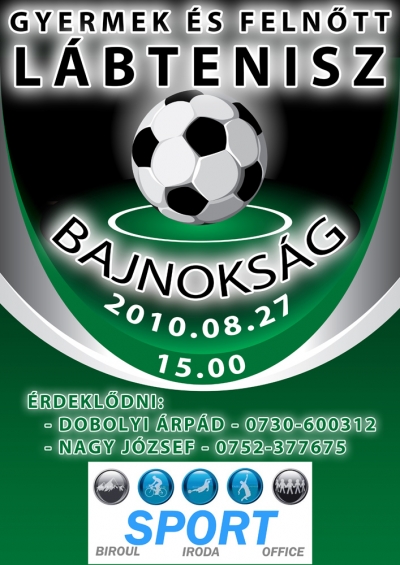 L�btenisz bajnoks�g - K�zdiv�s�rhely polg�rmesteri hivatal�nak sportirod�ja l�btenisz bajnoks�got szervez az �szi sokadalom alkalm�val.A megm�rettet�sre augusztus 27-�n, p�nteken 15 �r�t�l ker�l sor a Sinkovits stadion udvar�n.�rdekl�dni, jelentkezni Dobolyi �rp�dn�l (0730600312) �s Nagy J�zsefn�l lehet (0752377675)Szeretettel v�rjuk a gyermekeket, az ifjakat �s a feln�tteket egyar�nt!Kocsis Zolt�n sportiroda vezet�Plak�tterv: B�lint Botond