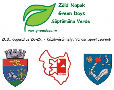 Z�ld Napok - Fels�h�romsz�ki V�llalkoz�i Napok - 2010. augusztus 26-29. - K�zdiv�s�rhely, V�rosi SportcsarnokA Z�ld Napok a Fels�h�romsz�ki V�llalkoz�i Napok hagyom�ny�t folytatja, tematiz�l�sa r�v�n kapta a Z�ld Napok elnevez�st. Szerkezet�ben is, az el�z� �vekhez hasonl�an Ki�ll�t�s �s v�s�r (IX. alkalommal), Konferencia meg�jul� energia, mez�gazdas�g �s vid�kfejleszt�s, erd�- �s vadgazd�lkod�s, term�szetv�delem t�m�kban, �s els� alkalommal Pity�kafesztiv�l – gasztron�miai verseny lesz.2010. augusztus 26., cs�t�rt�k09:00 - 17:00 Meg�jul� energia-hasznos�t�si form�k H�romsz�ken - h�k�zpontok �s �ltetv�nyek helysz�ni szeml�je2010. augusztus 27., p�ntek11:00 - MEGNYIT�12:00 - 13:00 Z�rtk�r� �ll�fogad�s a megh�vottak r�sz�re13:30 - 15:00 Meg�jul� energia-hasznos�t�si form�k H�romsz�ken16:00 - 17:00 K�rnyezettudatoss�g = Gazdas�g - R�duly Attila, a Z�ld Nap Egyes�let eln�ke11:00 - 18:00 Ki�ll�t�s �s v�s�r2010. augusztus 28., szombat10:00 - 11:00 Csom�d-B�lv�nyos Natura 2000-es v�dett ter�let - Niczuly Zsuzsanna, Vinca Minor Egyes�let11:30 - 12:30 Kl�mav�ltoz�s �s k�vetkezm�nyei - Feh�r Szabolcs, BBTE K�rnyezettudom�nyok Kar, Sepsiszentgy�rgy11:00 - 15:00 Pity�kafesztiv�lVerseny: 11:00 - 13:0010:00 - 18:00 Ki�ll�t�s �s v�s�r2010. augusztus 29., vas�rnap10:00 - 16:00 Ki�ll�t�s �s v�s�rB�vebben a www.greendays.ro  oldalon.