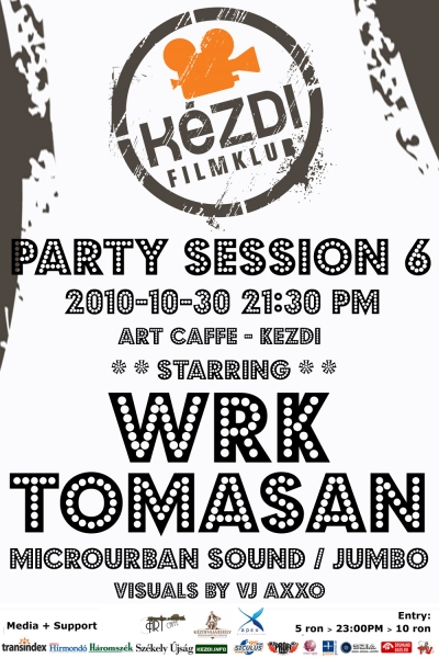 K�zdi Filmklub Party Session @ Art Caffe - 2010-10-30, szombaton este 21:30-t�l K�zdi Filmklub Party Session 6 az Art Caffeban, a Vigad� alagsor�ban K�zdiv�s�rhelyen.Az est folyam�n fell�pnek:Microurban SoundWRK - http://soundcloud.com/wrkoflbcAz eg�sz ott kezdõd�tt, hogy 1998-ban az Ariel sz�nh�z (Underground sz�nh�z) alagsor�ban szervezõd�tt n�h�ny kev�sb� konvencion�lis party. N�h�ny hasonl� esem�ny ut�n valamivel rendezettebben kellett folytatni ezeket a zenei esteket �s �gy tevõdtek le az alapjai az LBC-nek (Lethal Bass Corporation) azzal a c�llal, hogy az elektronikus - legink�bb drumandbass �s breakbeat zenei ir�nyzatokat n�pszerûs�tse Marosv�s�rhelyen.�gy az idõ m�l�s�val k�vetkeztek �jabb �s �jabb esem�nysorozatok k�l�nb�zõ helys�gekben, mint az A.S.A terem, vagy n�h�ny helysz�n a k�z�pkori V�rban Marosv�s�rhelyen, ahova az akkori prominens dj-ket h�vtuk vend�g�l Temesv�rr�l, D�v�r�l, Kolozsv�rr�l, stb. Eleinte ami ink�bb csak szervez�s volt, egyre ink�bb k�zeledett a dj-j� val� v�l�snak. 2004 tavasz�n volt az elsõ komolyabb k�s�rlet, amikor folyamatos hozz�f�rhetõs�g mellett volt 2 pickup �s egy mixer. Mint nagy breakbeat rajong� egy�rtelmû volt, hogy ezt a mûfajt keverem. Az Avi-Cola klub megnyit�s�val egyidejûen 2005-ben v�lt rendszeress�, hogy k�z�ns�g elõtt zen�ljek, mely idõ alatt egyfajta rezindes st�tusz alakult ki Rapala-val egy�tt. Ezek az estek sokat seg�tettek dj fejlõd�semben, ahol kitûnõ felt�telek mellett k�s�rletezhettem. Jelenleg a hangz�svil�gom ami k�pvisel egy fajta kevered�se a dubstep, 2step �s a garage mûfajoknak. Tomasan - http://soundcloud.com/tomasanTomasan, civil nev�n Toma Soare 1984-ben sz�letett Heilbornnban - N�metorsz�gban �s jelenleg Bukarestben �l. Rom�ni�ban akt�v dj �s party prom�ter.Klasszikus git�r, fuvola �s bong�t tanult �s gyerekkor�ban m�r megismerkedett a bossa, jazz, funk, hiphop, n�met rave zen�vel, Tomasan el�rt arra a pontra, hogy mixelni kezdjen broken beats �s bass zen�t.A t�rt ritmusok sz�les zenei sk�l�j�n j�tszik, ami gyakran a BrokenBeat, UK Funky, Rio/Baile �s Hause zen�kben �tv�zõdik.'A harm�ni�nak finomnak kell lennie, intelligens �s megragad�, mik�zben a dob�temek t�rtek kerek �s �t�sekkel, telt �s mellbev�g� basszusvonallal vagy �ppen a klasszikus 4/4 �tem sok m�s h�tt�rkevered�ssel. Freestyle mixel�s a j�võ'Tomasan elsõ mixanyag�t nagy �rdeklõd�s fogadta �s t�mogatva volt helyi prom�terek r�sz�rõl �s 2006 elej�n j�tszotta dj szettj�t. Nagyon hamar kiemelkedett, r�di�mûsorokban ad �lõ mix-mûsorokat �s j�tszik sz�mos klubban �s partin Bukarestben �s szerte Rom�ni�ban.A kitart� irama �s tev�kenys�ge 2006-ban 3 nagyobb elektronikus zenei fesztiv�lra juttatta 2007-ben Rom�niban: Summer Break [D�va], Delahoya [Kolozsv�r] �s 48H [Temesv�r].Csak idõ k�rd�se volt, hogy Tomasan �lõ szetteket j�tszon helyi r�di� �llom�sokon mint OneFM vagy ProFM, exkluz�v szettet r�gz�tsen a Heineken vagy a Scarcity Records r�sz�re �s nagyobb figyelmet kapjon �lõ mûsor�val az IbizaSonica r�di�mûsorban a Bloc Make Music Competiotion mix, mely m�sodik helyez�st �rt el a 1100 tal�lattal a Mixcloud k�z�ss�g k�r�ben.Mint prom�ter a sz�mos partiszervez�s mellett, 2008 szeptember 19.-�n Tomasan r�sze volt a Mash-UP koncept csapat�nak, megnyitva egy �j klubbot Bukarestben. 2 h�nap alatt a csapat 17 partit szervezett 26 DJ-el, 3 �lõ esem�nnyel �s 2 nemzetk�zi headlinerrel, t�bb ezer bukaresti partiz�nak ny�jtva a legfinomabb zen�t.Mint James Bond jelent meg a Playboy magazinban.2009-ben megh�v�st kapott a Cokelive Peninsula / F�lsziget Fesztiv�lra Rom�ni�ban, az elsõ DJ aki techno behat�s alatt j�tszott dubsteppet 2000 ember elõtt a Techno s�torban �s kapott megh�v�st Europa szerte a Club der Republic - Drezd�ban �s Dei Villa - Berlinben, N�metorsz�gban.2010-ben buzg�bban folytatva ezt, megh�v�st kapott, hogy j�tszon a The Freemansons Taver - Brightonban febru�rban �s egy nemzeti turn�ra induljon 6 helyis�gben Rom�nia legkedveltebb �lõ elektronikus csapat�val - a Suie Paparude-vel. K�sõbb partik k�vetkeztek olyan elõad�kkal mint Aquasky, JFB & Ed Solo, Adam Freeland, Rico Tubbs vagy Dan Le Sac vs. Scoobius Pip.2010 nyar�n rezidens dj az IpaNera-ban, Mamaian - a Fekete tenger partj�n, hogy a lemezj�tsz�kn�l a Skullcandy �s Jaegermeister brandeket k�pviselje.A k�vetkezõ l�p�s a produkci�. A Mac-jen dolgozik Logic Studio 9-en dolgozik. Nincs elsietve semmi, hogy saj�t szerzem�nyei ugyanolyan hangz�st �rjenek el mint dj szettjei vagy felv�telei.Dj-ked�s mellett Tomasan HR munkat�rsk�nt dolgozott, �gyf�lszolgalatban, prom�z�sban valamint t�bb online kiadv�nynak �s foly�iratnak �r.Jumbo - http://soundcloud.com/djjumboA party 21:30-kor kezd�dik.A bel�p� 23:00 �r�ig 5 lej. 23:00 �ra ut�n 10 lej.[ Verseny ] A k�zdi.inf� 3 bel�põjegyet sorsol ki erre a esem�nyre. Ha r�szt szeretn�l venni, nem kell m�st tenned, minthogy sz�pen �s helyesen hozz�sz�lj ehhez az esem�nyhez. Sok sikert mindenkinek!!!Eredm�nyhirdet�s az esem�ny napj�n, este 14 �rakor.