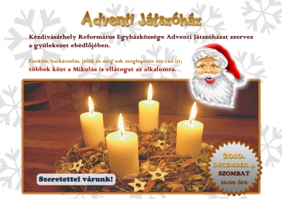 Adventi játszóház - Kézdivásárhely Református Egyházközsége adventi játszóházat szervez december 4-én de. 10 órától a gyülekezet ebédlőjében.Éneklés, barkácsolás, játék és sok meglepetés vár a játszóházba érkezőkre, többek között a Mikulás is ellátogat az alkalomra.Erre a rendezvényre a szervezők szeretettel látnak minden 3-12 év közötti gyermeket.Kocsis Zoltán