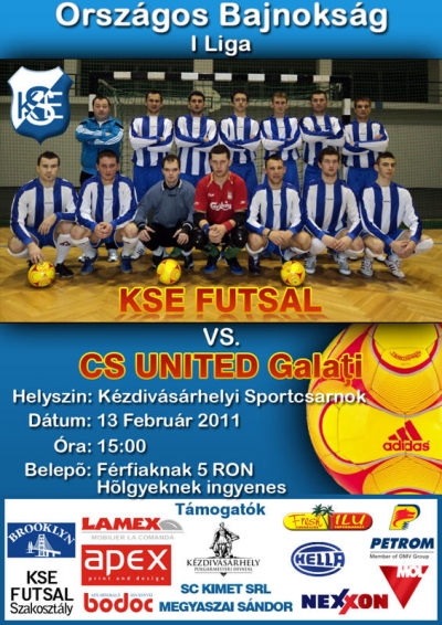 A oszt�lyos teremfoci m�rk�z�s - Febru�r 13-�n, vas�rnap 15 �r�t�l A oszt�lyos teremfoci m�rk�z�sre ker�l sor a k�zdiv�s�rhelyi sportcsarnokban.A KSE csapata vend�g�l l�tja az United Galac egy�ttes�t.A szervez�k mindenkit szeretettel v�rnak.Kocsis Zolt�n