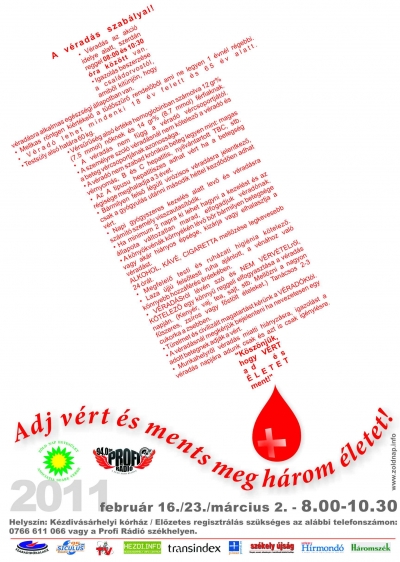Adj v�rt, ments meg egy �letet! - v�rad�si kamp�ny - Ha v�rt adsz neked semmibe nem ker�l, de valakinek az �let�t mentheted meg vele, ha van egy kis szabadid�d, megfelelsz a felt�teleknek, sz�nd r� magad �s tedd meg, mert neked is b�rmikor sz�ks�ged lehet r�!A Z�ld Nap Egyes�let �s a Profi R�di� v�rad�si kamp�nyt szervez. Akik alkalmasnak �rzik magukat, illetve megfelelnek a v�rk�zpont �ltal szabott felt�teleknek, el�zetes regisztr�ci� alapj�n jelentkezhetnek. A 0766.611.066-os telefonsz�mon R�duly Attil�n�l, vagy a r�di� sz�khely�n regisztr�lhatnak. A v�rad�s h�rom egym�st k�vet� szerd�n, febru�r 16-�n, 23-�n �s m�rcius 2-�n t�rt�nik reggel 8 �s 10.30 k�z�tt, a k�zdiv�s�rhelyi k�rh�zban.Az al�bbiakban elolvashatj�k a szab�lyokat:V�rad�s az akci� ideje alatt, szerd�n reggel 08:00 �s 10:30 �ra k�z�tt van.Igazol�s beszerz�se a csal�dorvost�l, amib�l kit�nj�n, hogy v�rad�sra alkalmas eg�szs�gi �llapotban van.Mellkas r�ntgen ki�rt�kel� a t�d�sz�r� rendel�b�l, ami ne legyen 1 �vn�l r�gebbi.V�rad� lehet mindenki 18 �v felett �s 65 �v alatt.Tests�ly als� hat�ra 60 kg.V�rs�r�s�g als� �rt�ke hemoglobinban sz�molva 12 gr% (7.5 mmol) n�knek �s 14 gr% (8.7 mmol) f�rfiaknak.A v�rad�s nem f�gg a v�rad� v�rcsoportj�t�l.A szem�lyre sz�l� v�rad�sn�l nem k�telez� a v�rad� �s a beteg v�rcsoportj�nak azonoss�ga.A v�rad� nem szabad kr�nikus beteg legyen mint: magas v�rnyom�s, B �s C hepatitis, nyilv�ntartott TBC, stb.Az A t�pus� hepatitiszes adhat v�rt ha a betegs�g r�gis�ge meghaladja a 3 �vet.B�rmilyen fels� l�g�ti vir�zisos v�rad�sra jelentkez�, csak a gy�gyul�s ut�nni m�sodik h�ttel kezd�d�en adhat v�rt.Napi gy�gyszeres kezel�s alatt lev� �s v�rad�sra sz�m�t� szem�ly visszautas�t�dik.Ha minimum 2 napra ki lehet hagyni a kezel�st �s az �llapota v�ltozatlan marad, elfogadjuk v�rad�nak.A k�ny�kv�n�k k�rny�k�n l�v� b�r b�rmilyen betegs�ge vagy ak�r hi�nyos �ps�ge, kiz�rja vagy elhalasztja a v�rad�st.ALKOHOL, K�V�, CIGARETTA mell�z�se legkevesebb 24 �r�t.Megfelel� testi �s ruh�zati higi�nia k�telez�.Laza ujj� fels�testi ruha aj�nlott, a v�n�hoz val� k�nnyebb hozz�f�r�s �rdek�ben.V�rad�sr�l l�v�n sz� �s NEM V�rv�telr�l, K�TELEZ� egy k�nny� reggeli elfogyaszt�sa a v�rad�s napj�n. (Keny�r, vaj, tea, sajt, stb. Mell�zni a nagyon f�szeres, zs�ros vagy f�st�lt �teleket.) Tan�csos 2-3 cukorka a zsebben.T�relmet �s civiliz�lt magatart�st k�r�nk a V�rad�kt�lA v�rad�sn�l megk�rj�k bejelenteni ha nevezetesen egy adott betegnek adj�k a v�rt.Munkahelyr�l v�rad�s miatti hi�nyz�sra, igazol�st a v�rad�s napj�ra adunk csak �s azt is csak ig�nyl�sre.H�rszerz�: P�l-Varga R�ka