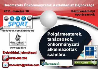 H�romsz�ki �nkorm�nyzatok Asztalitenisz Bajnoks�ga - K�zdiv�s�rhely polg�rmesteri hivatal�nak sportirod�ja asztalitenisz bajnoks�got szervez a megye �nkorm�nyzatai sz�m�ra.A m�rcius 10.-�n sorra ker�l� megm�rettet�sre benevezhetnek polg�rmesterek, tan�csosok �s �nkorm�nyzati alkalmazottak egyar�nt.�rdekl�dni, jelentkezni a kocsiszo@yahoo.com-os vil�gh�l�s c�men, illetve a 0730 600286-os telefonsz�mon lehet m�rcius 6.-ig.Kocsis Zolt�nsportiroda vezet�facebook.com/kezdisport