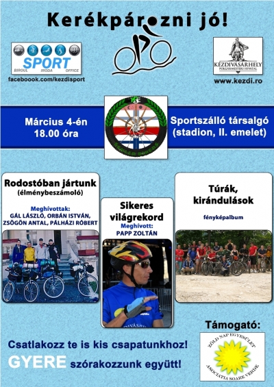 Ker�kp�rozni j�! - K�zdiv�s�rhely polg�rmesteri hivatal�nak sportirod�ja �s a KSE ker�kp�rszakoszt�ly�nak szervez�s�ben interakt�v el�ad�sra ker�l sor m�rcius 4-�n a sportsz�ll� t�rsalg�j�ban.Megh�vott vend�geink:Papp Zolt�n vil�grekorderG�l L�szl�, Orb�n Istv�n, Zs�g�n Antal �s P�lh�zi R�bert, akik Rodost�ig ker�kp�roztak.Szeretettel v�runk mindenkit, a bel�p�s ingyenes!T�mogat�nk: a Z�ld Nap Egyes�letKocsis Zolt�nfacebook.com/kezdisport